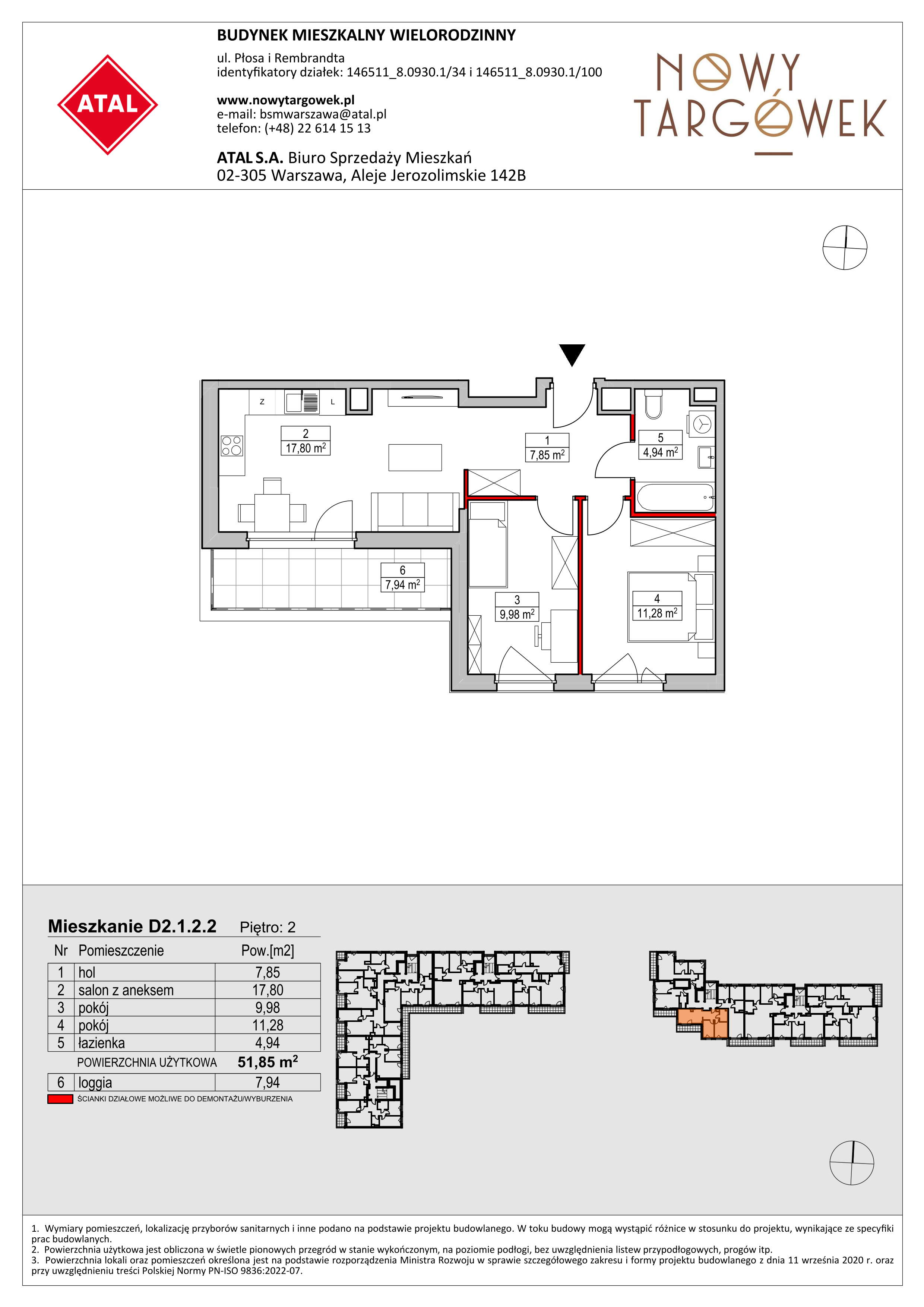 Mieszkanie 51,85 m², piętro 2, oferta nr D2.1.2.2, Nowy Targówek VI, Warszawa, Targówek, Targówek Mieszkaniowy, ul. Płosa 8-idx