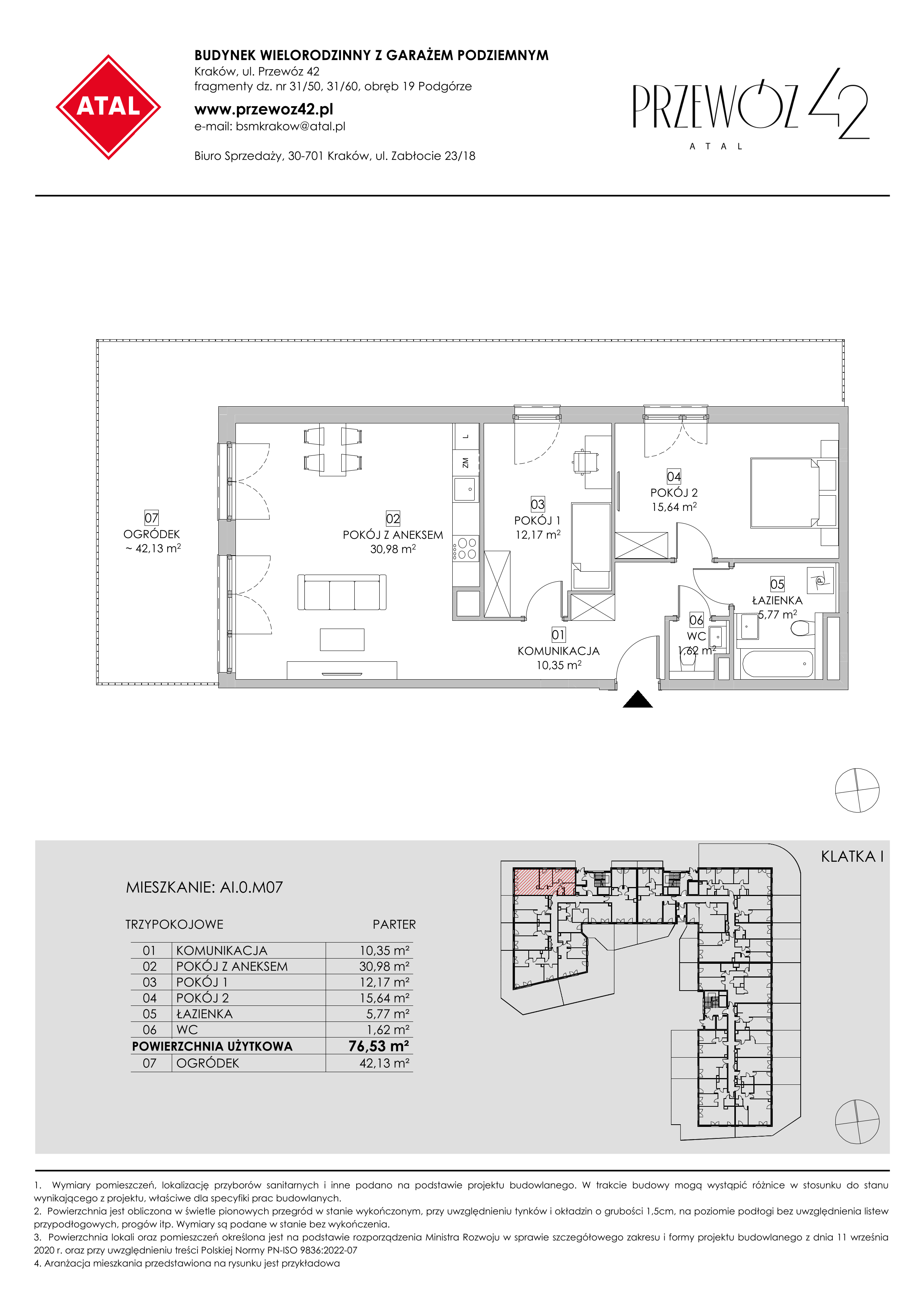 Mieszkanie 76,53 m², parter, oferta nr AI.0.M07, Przewóz 42 ATAL, Kraków, Podgórze, Płaszów, ul. Przewóz 42-idx