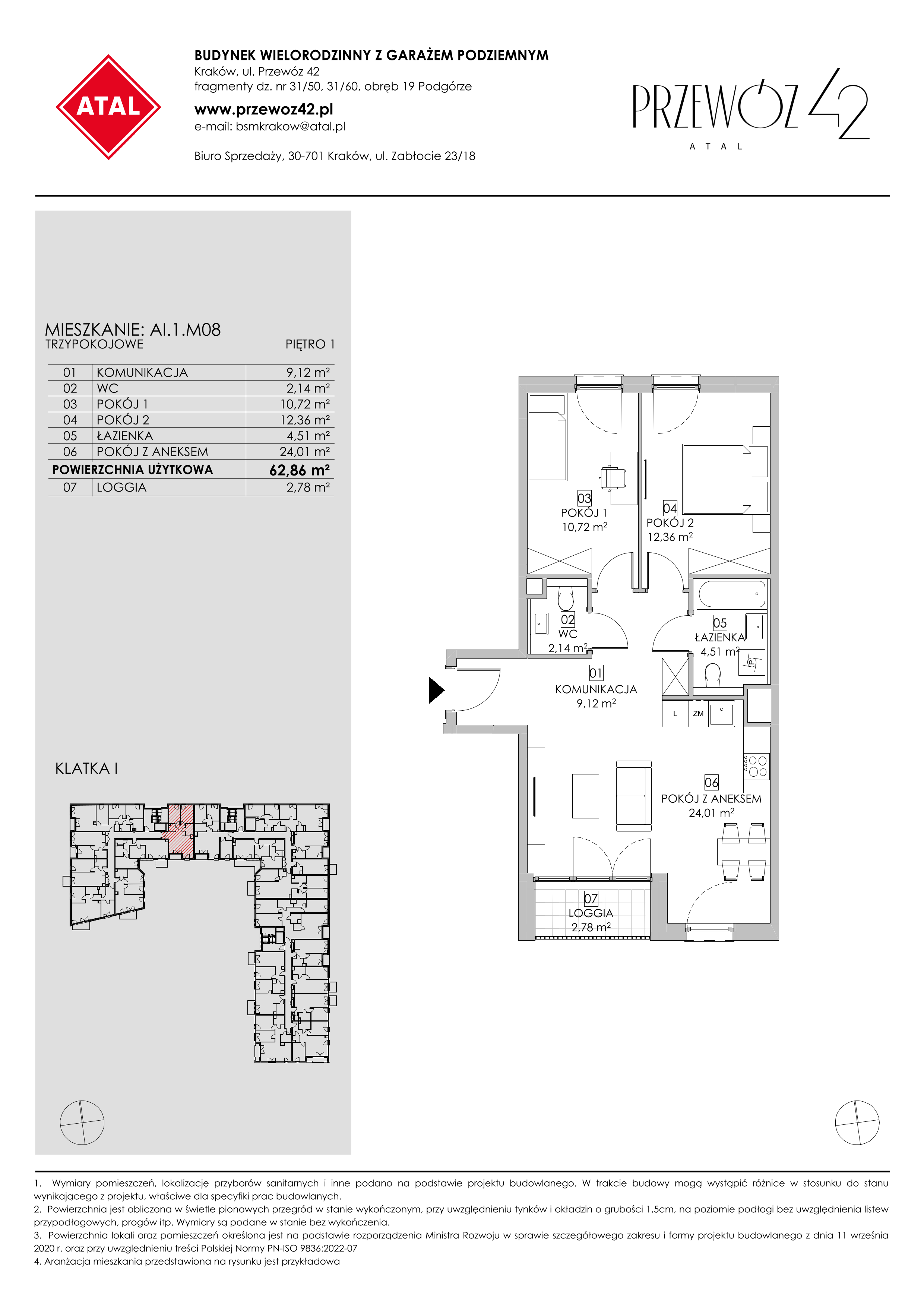 Mieszkanie 62,86 m², piętro 1, oferta nr AI.1.M08, Przewóz 42 ATAL, Kraków, Podgórze, Płaszów, ul. Przewóz 42-idx