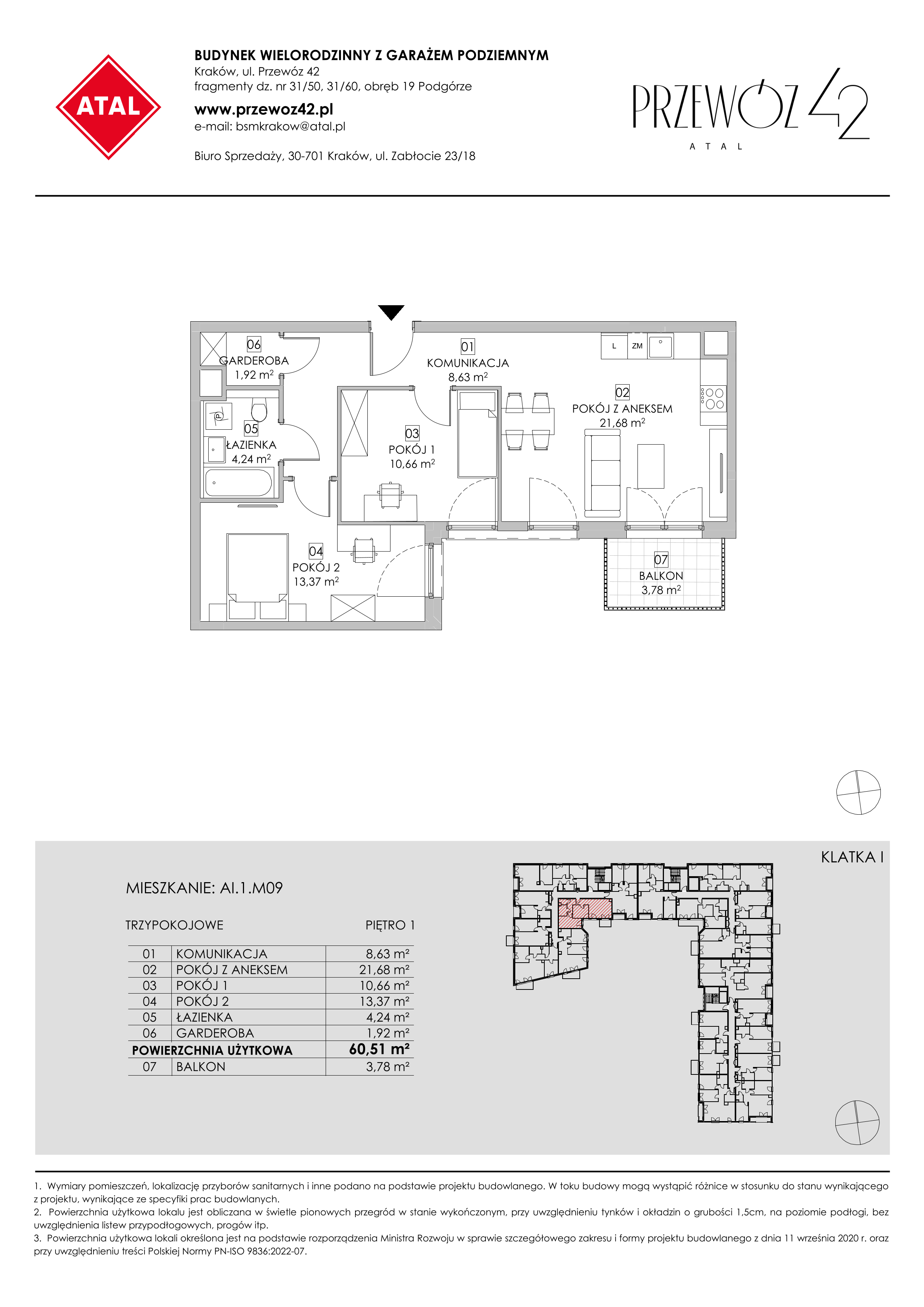 Mieszkanie 60,51 m², piętro 1, oferta nr AI.1.M09, Przewóz 42 ATAL, Kraków, Podgórze, Płaszów, ul. Przewóz 42-idx