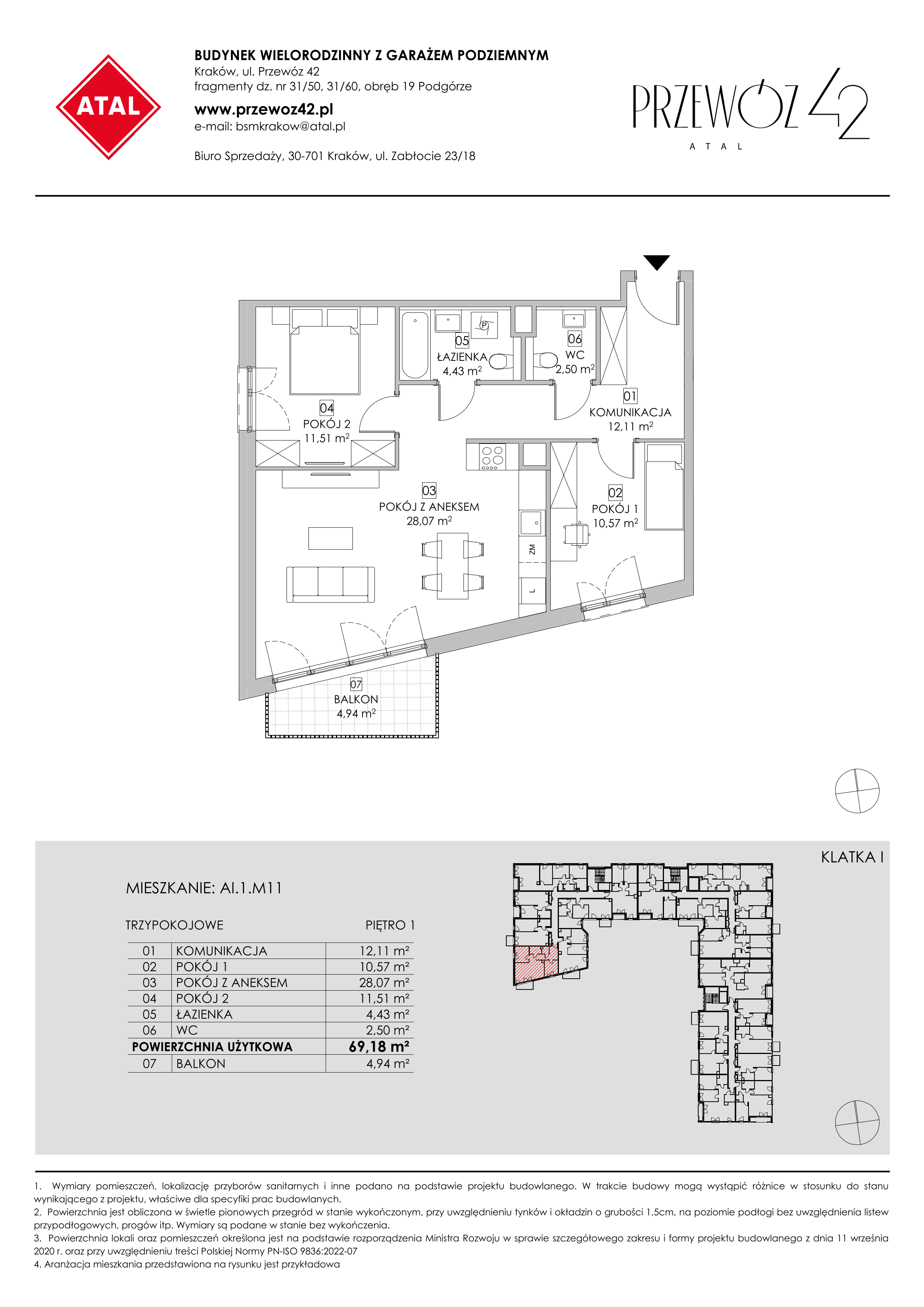 Mieszkanie 69,18 m², piętro 1, oferta nr AI.1.M11, Przewóz 42 ATAL, Kraków, Podgórze, Płaszów, ul. Przewóz 42-idx