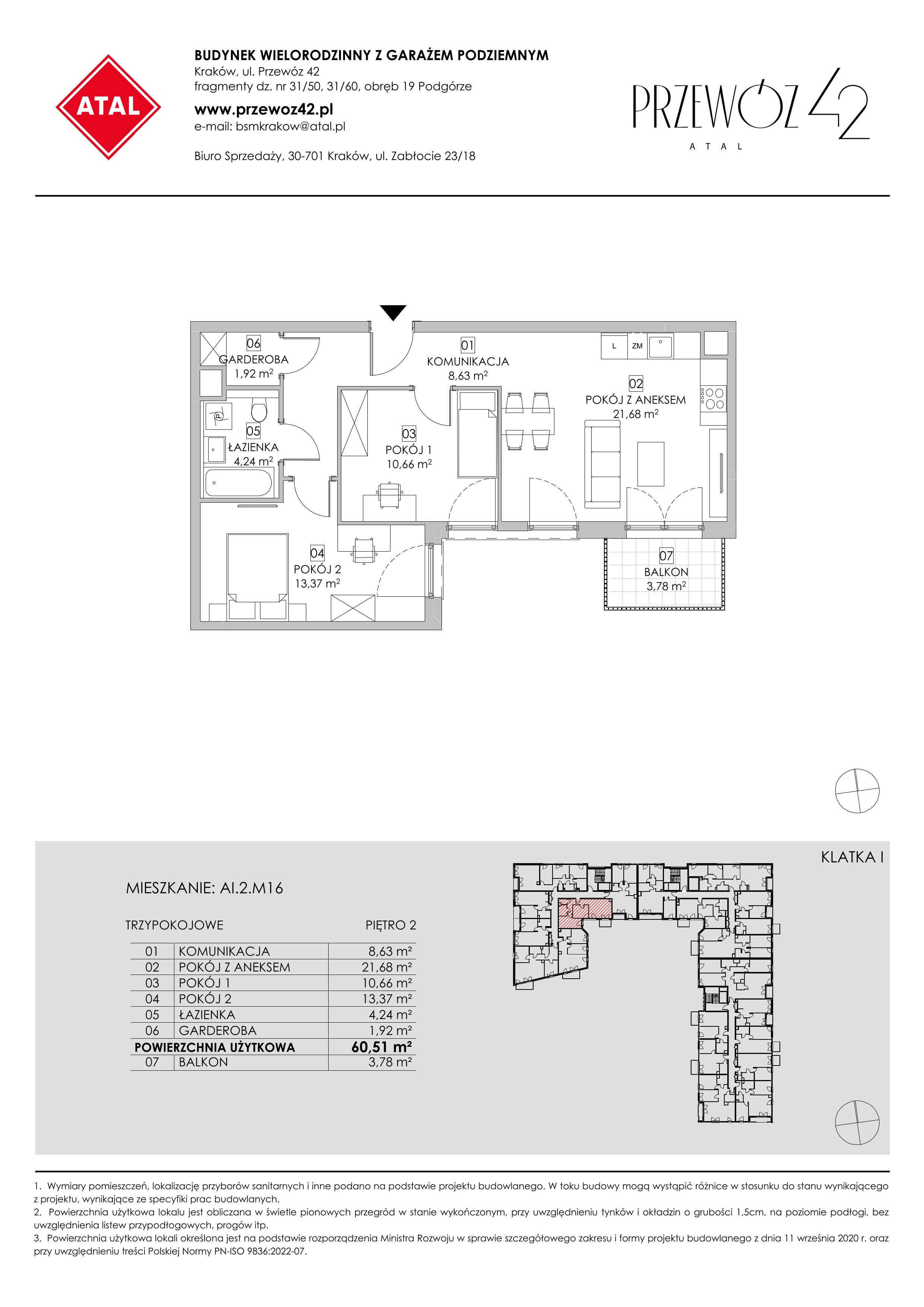 Mieszkanie 60,51 m², piętro 2, oferta nr AI.2.M16, Przewóz 42 ATAL, Kraków, Podgórze, Płaszów, ul. Przewóz 42-idx