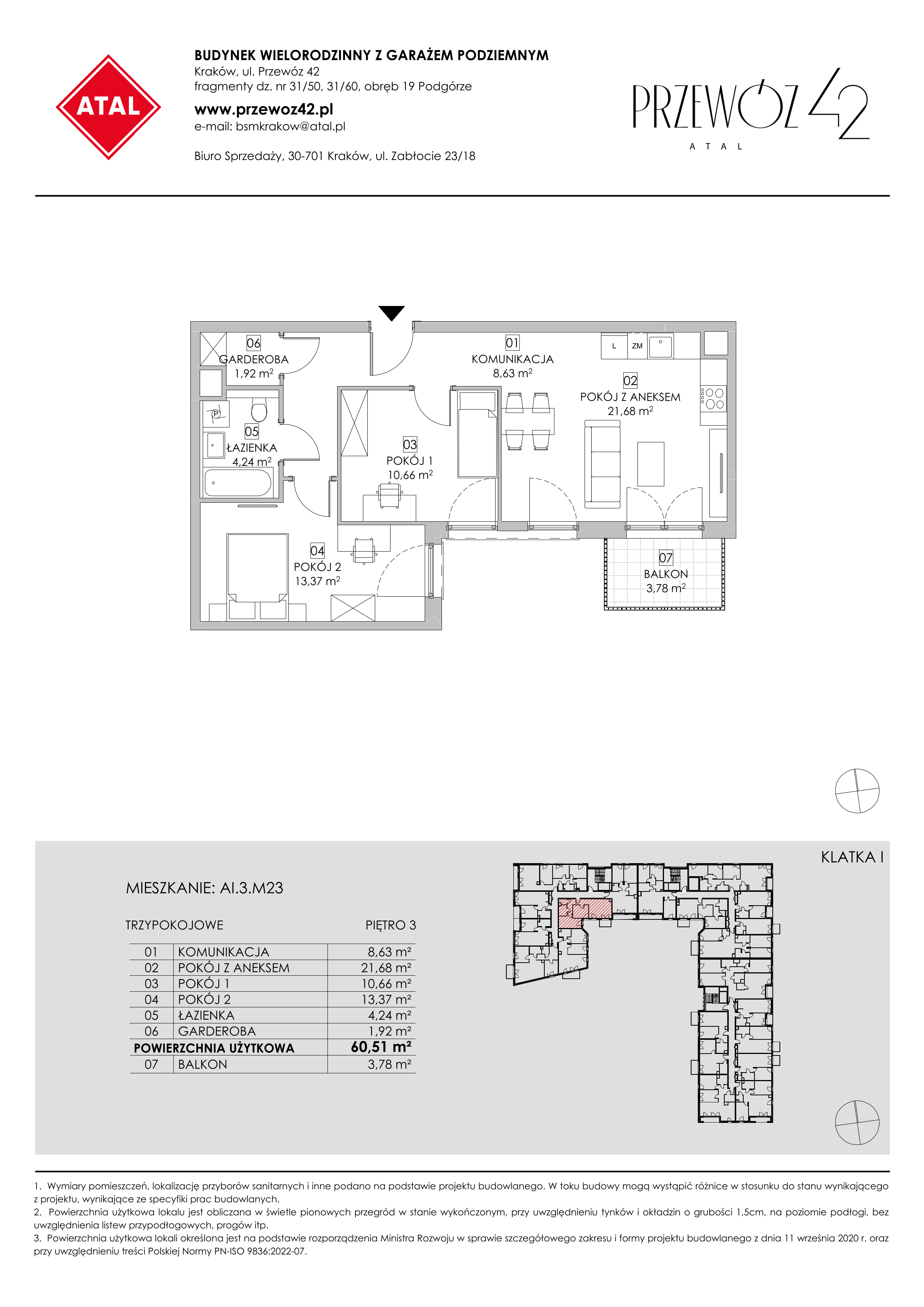 Mieszkanie 60,51 m², piętro 3, oferta nr AI.3.M23, Przewóz 42 ATAL, Kraków, Podgórze, Płaszów, ul. Przewóz 42-idx