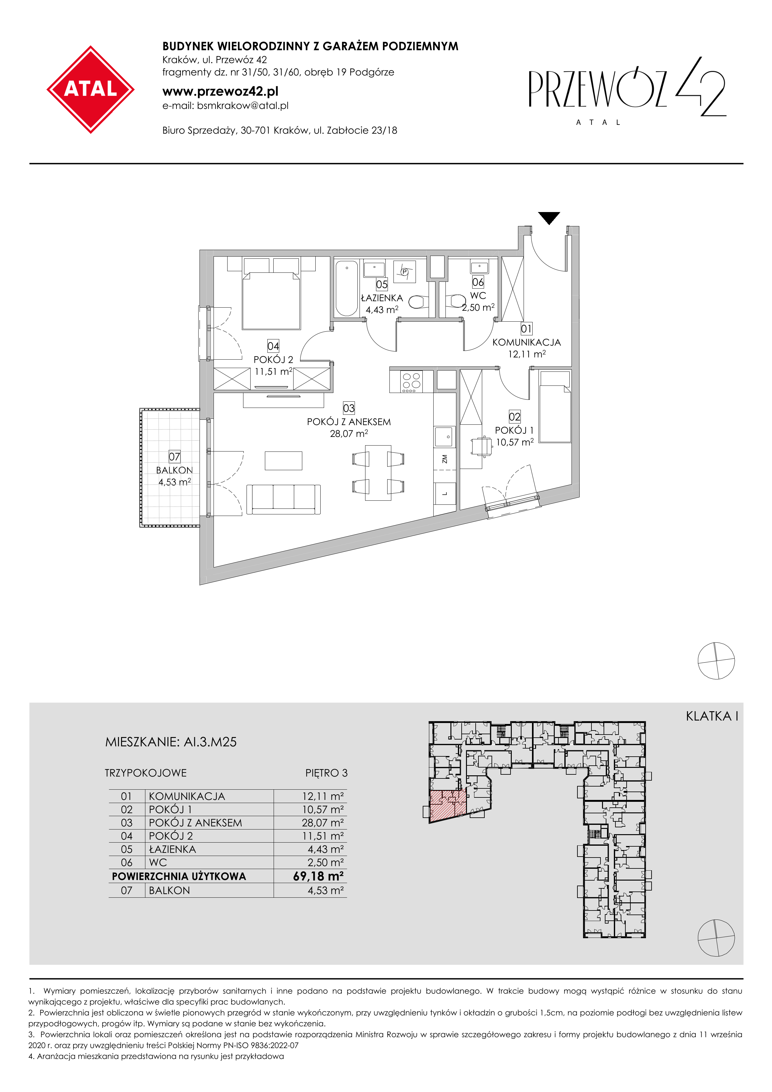 Mieszkanie 69,18 m², piętro 3, oferta nr AI.3.M25, Przewóz 42 ATAL, Kraków, Podgórze, Płaszów, ul. Przewóz 42-idx