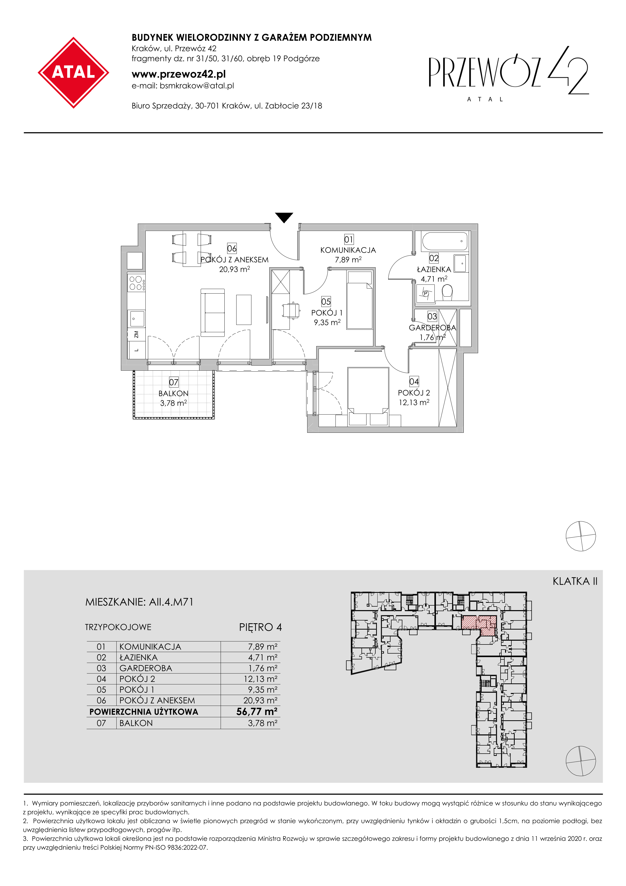 Mieszkanie 56,77 m², piętro 4, oferta nr AII.4.M71, Przewóz 42 ATAL, Kraków, Podgórze, Płaszów, ul. Przewóz 42-idx