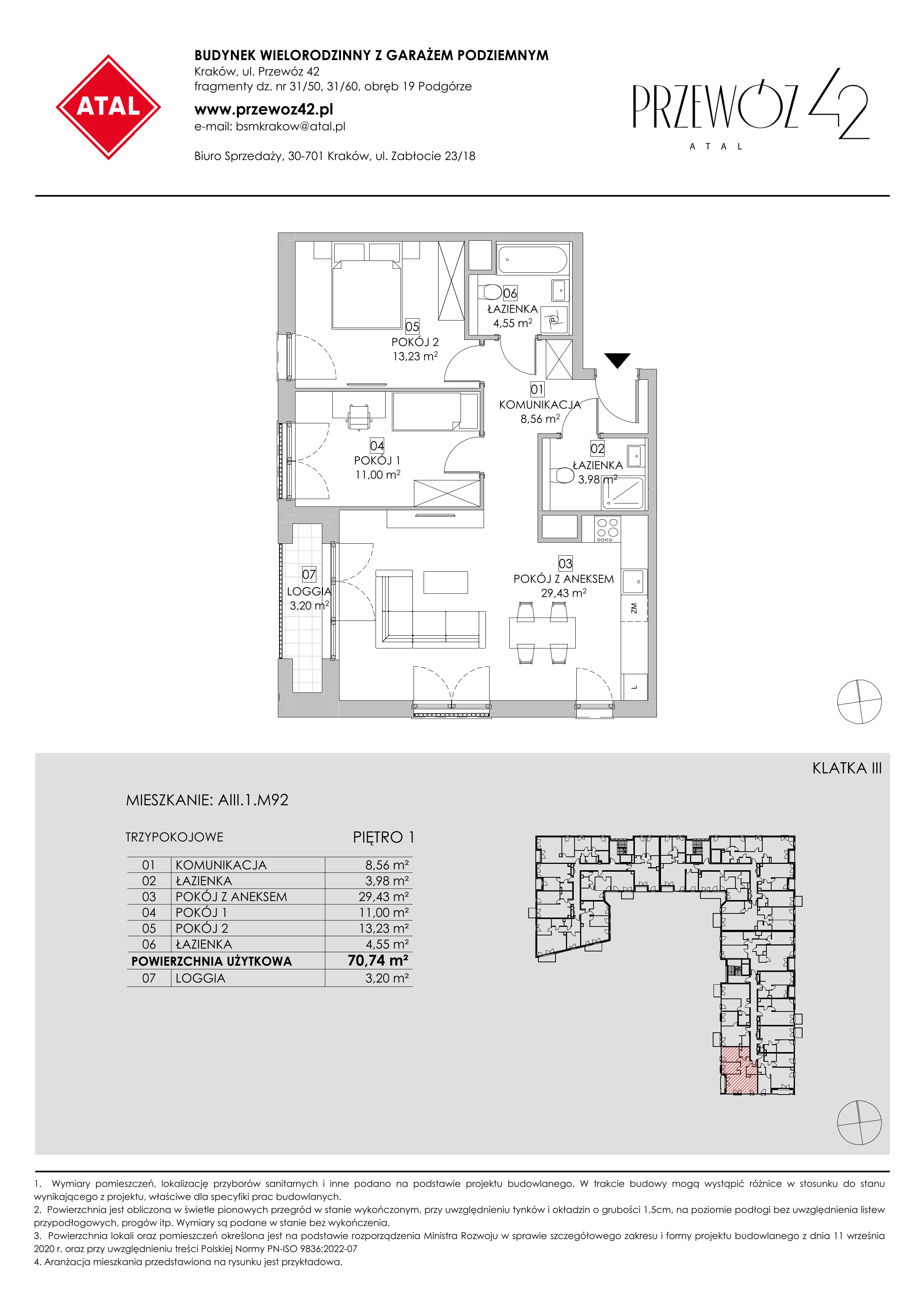 Mieszkanie 70,74 m², piętro 1, oferta nr AIII.1.M92, Przewóz 42 ATAL, Kraków, Podgórze, Płaszów, ul. Przewóz 42-idx