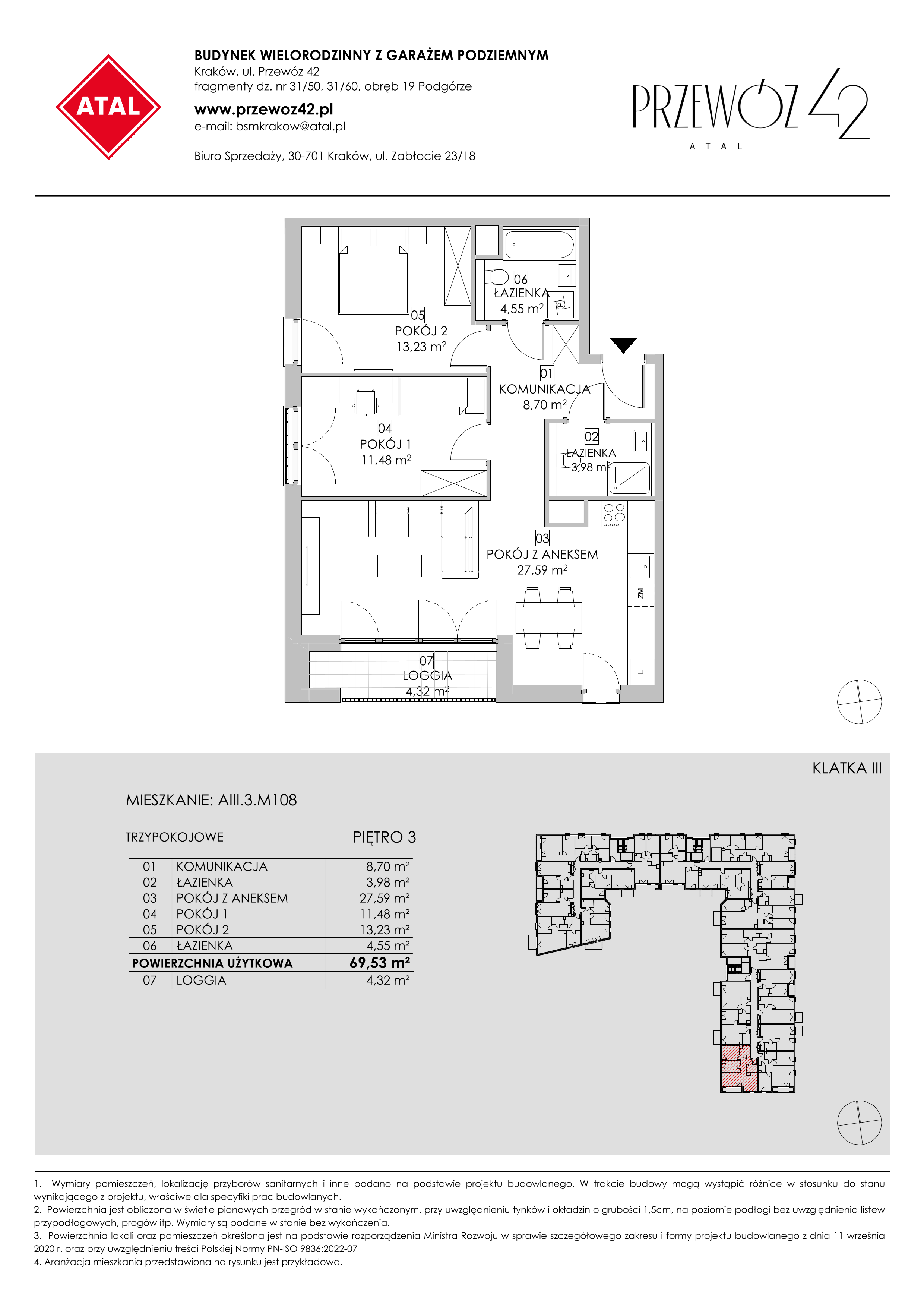 Mieszkanie 69,53 m², piętro 3, oferta nr AIII.3.M108, Przewóz 42 ATAL, Kraków, Podgórze, Płaszów, ul. Przewóz 42-idx