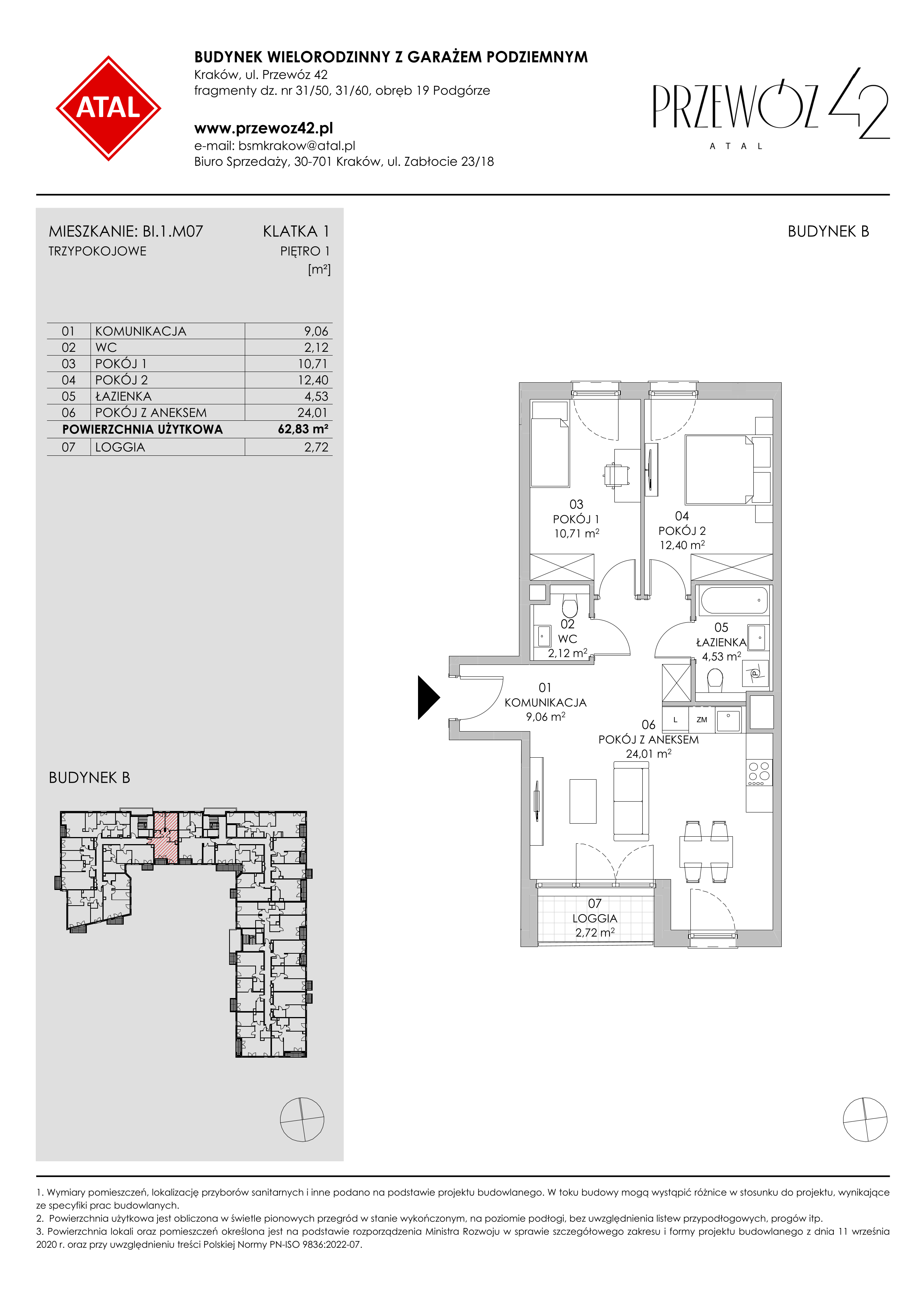 Mieszkanie 62,83 m², piętro 1, oferta nr BI.1.M07, Przewóz 42 ATAL II, Kraków, Podgórze, Płaszów, ul. Przewóz 42-idx