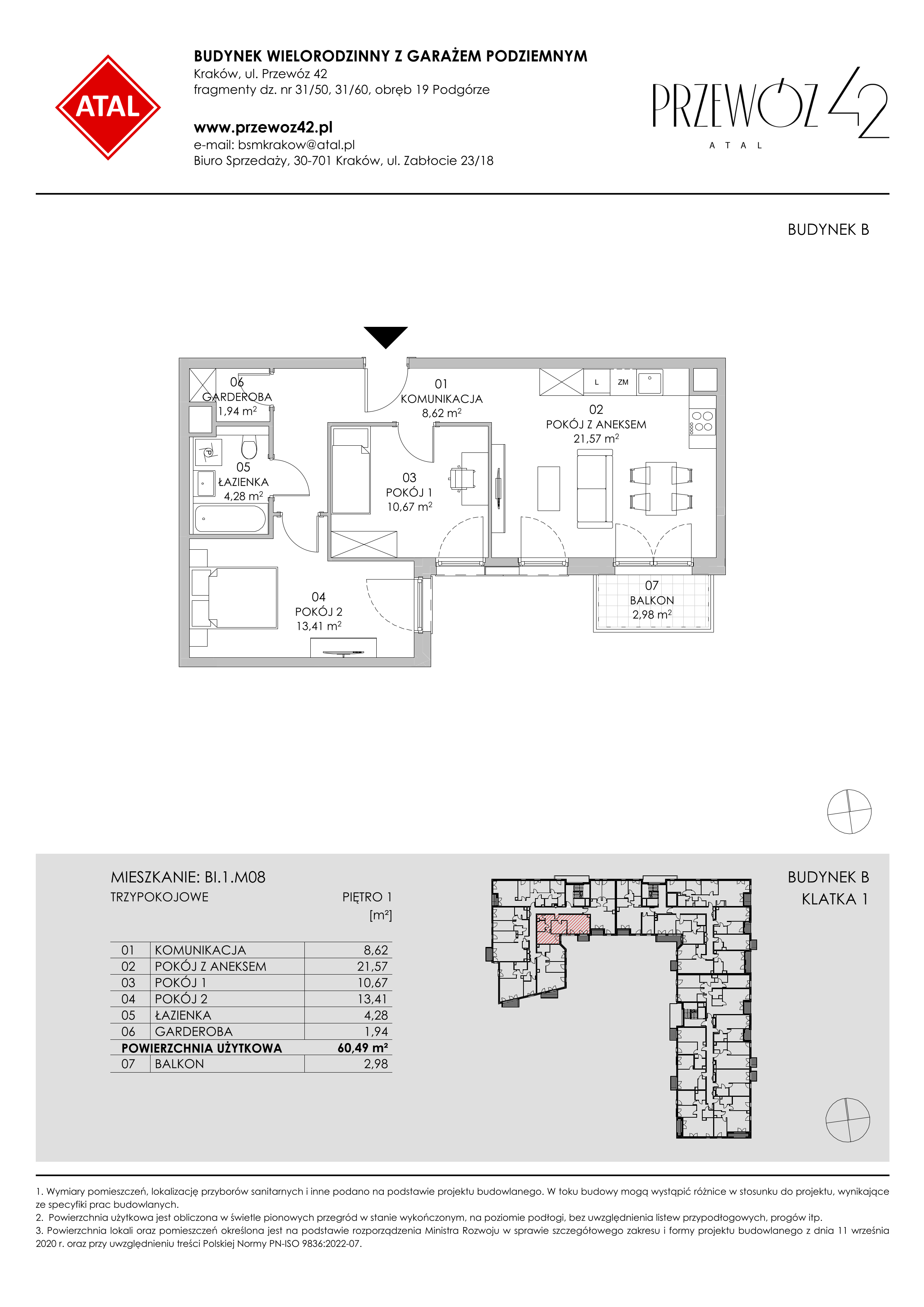 Mieszkanie 60,49 m², piętro 1, oferta nr BI.1.M08, Przewóz 42 ATAL II, Kraków, Podgórze, Płaszów, ul. Przewóz 42-idx