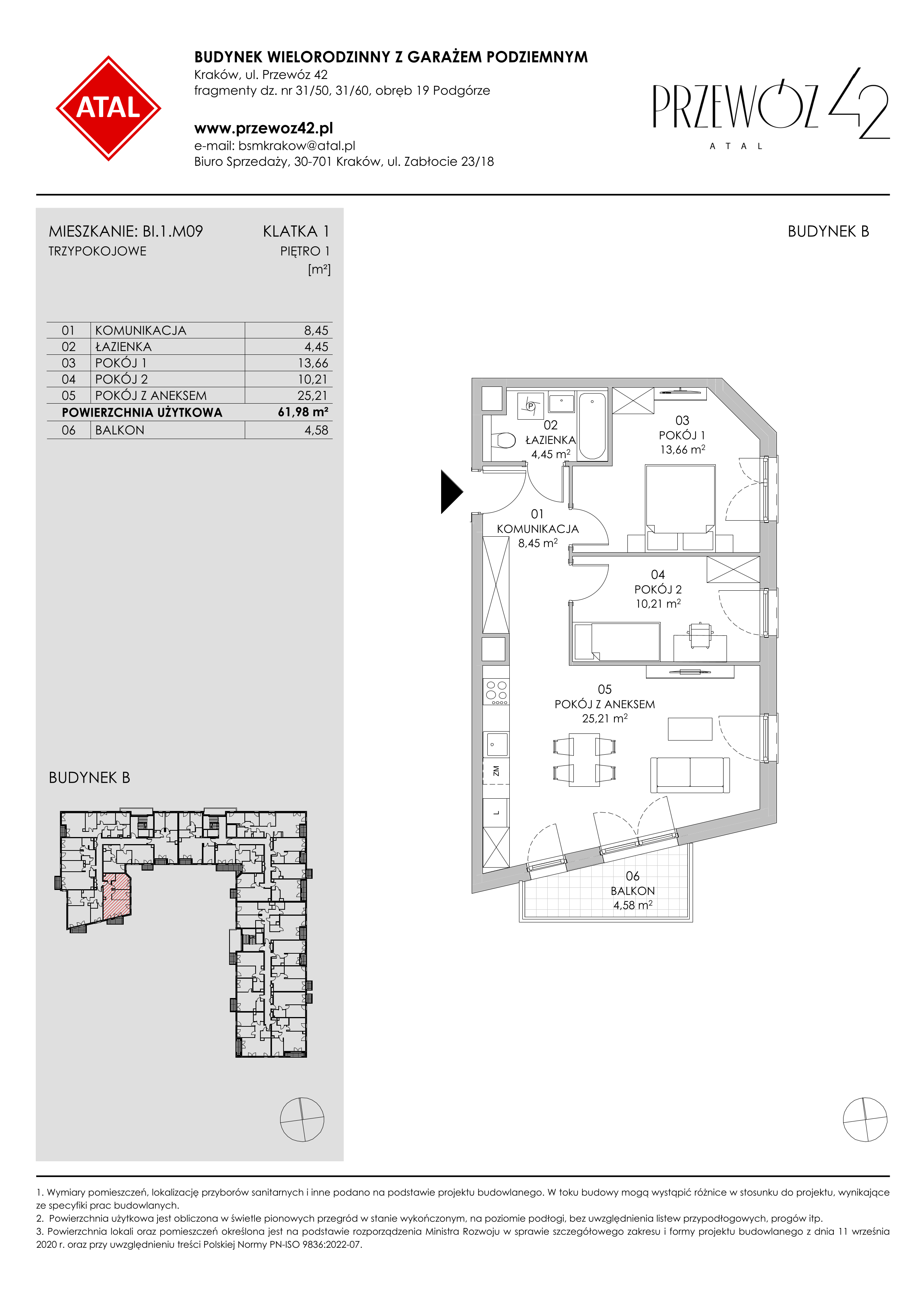 Mieszkanie 61,98 m², piętro 1, oferta nr BI.1.M09, Przewóz 42 ATAL II, Kraków, Podgórze, Płaszów, ul. Przewóz 42-idx