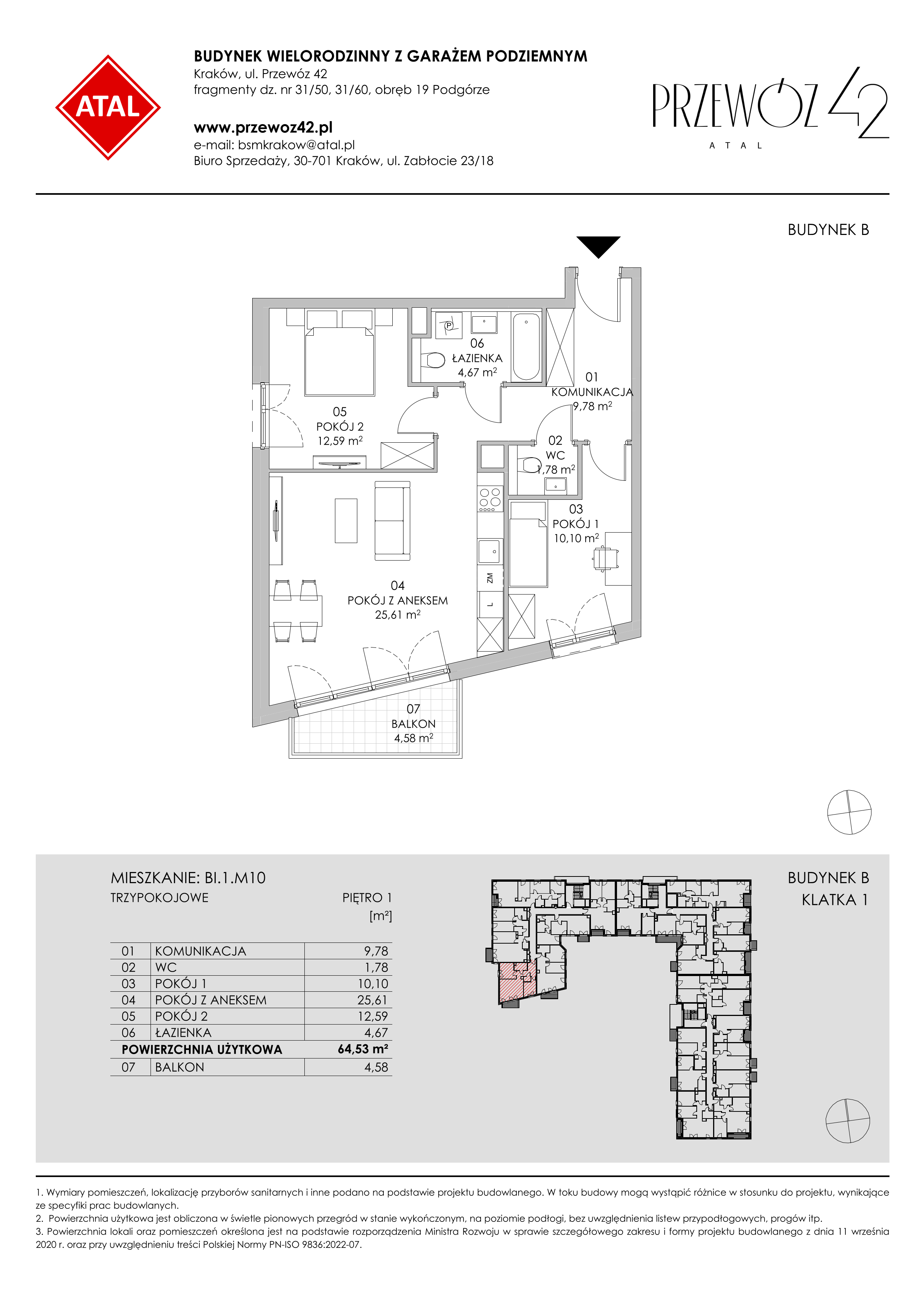 Mieszkanie 64,53 m², piętro 1, oferta nr BI.1.M10, Przewóz 42 ATAL II, Kraków, Podgórze, Płaszów, ul. Przewóz 42-idx