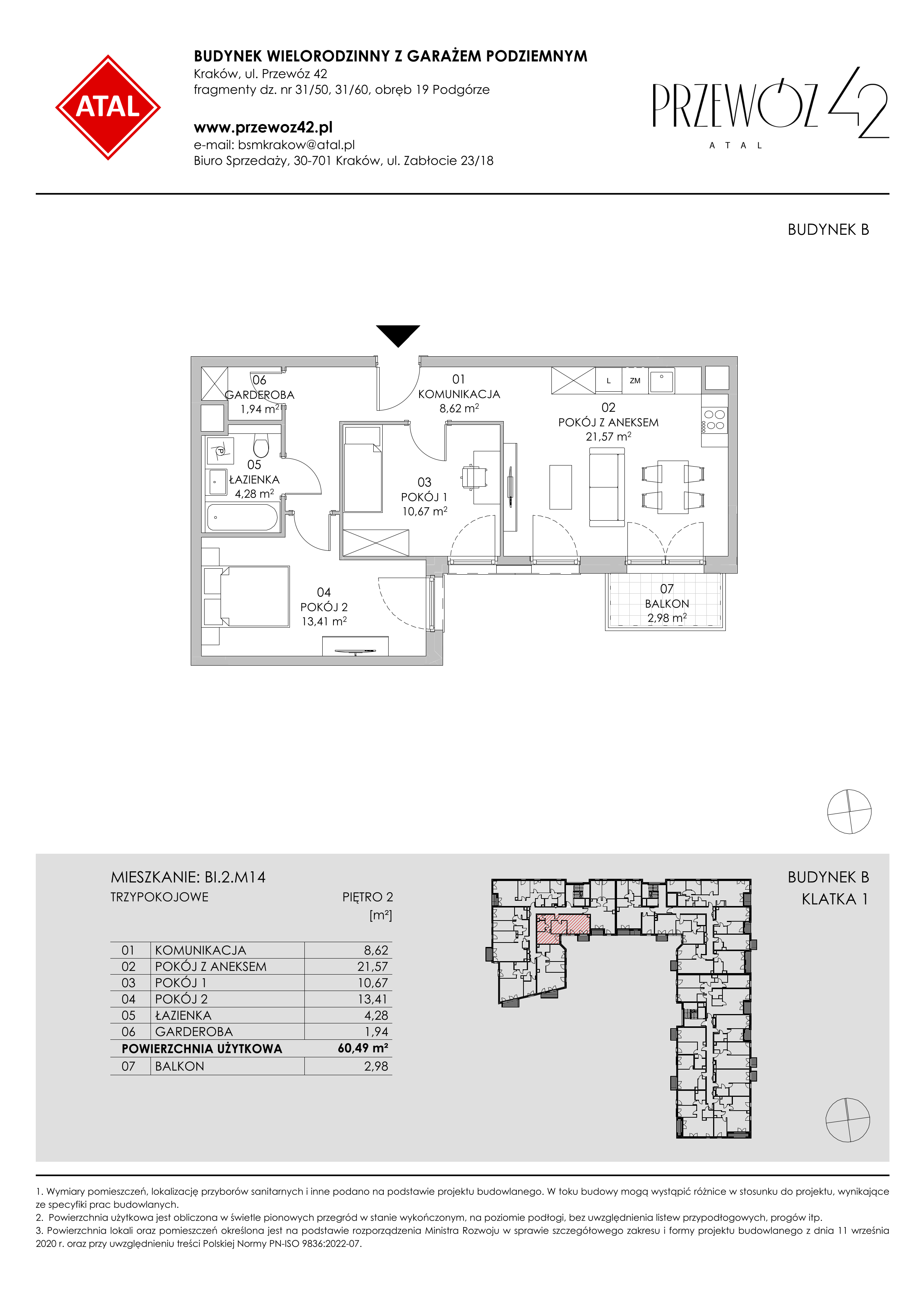 Mieszkanie 60,49 m², piętro 2, oferta nr BI.2.M14, Przewóz 42 ATAL II, Kraków, Podgórze, Płaszów, ul. Przewóz 42-idx