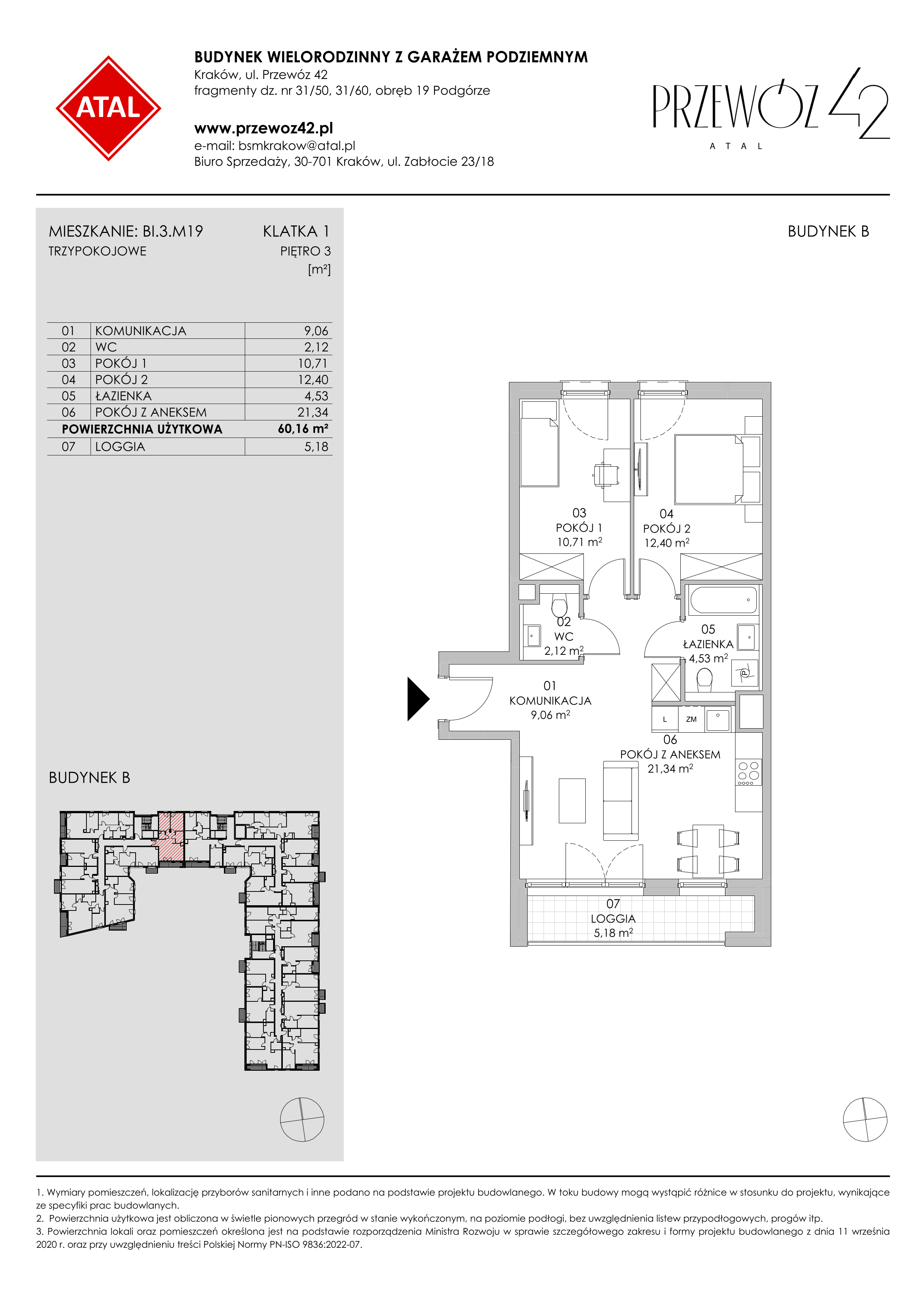 Mieszkanie 60,16 m², piętro 3, oferta nr BI.3.M19, Przewóz 42 ATAL II, Kraków, Podgórze, Płaszów, ul. Przewóz 42-idx