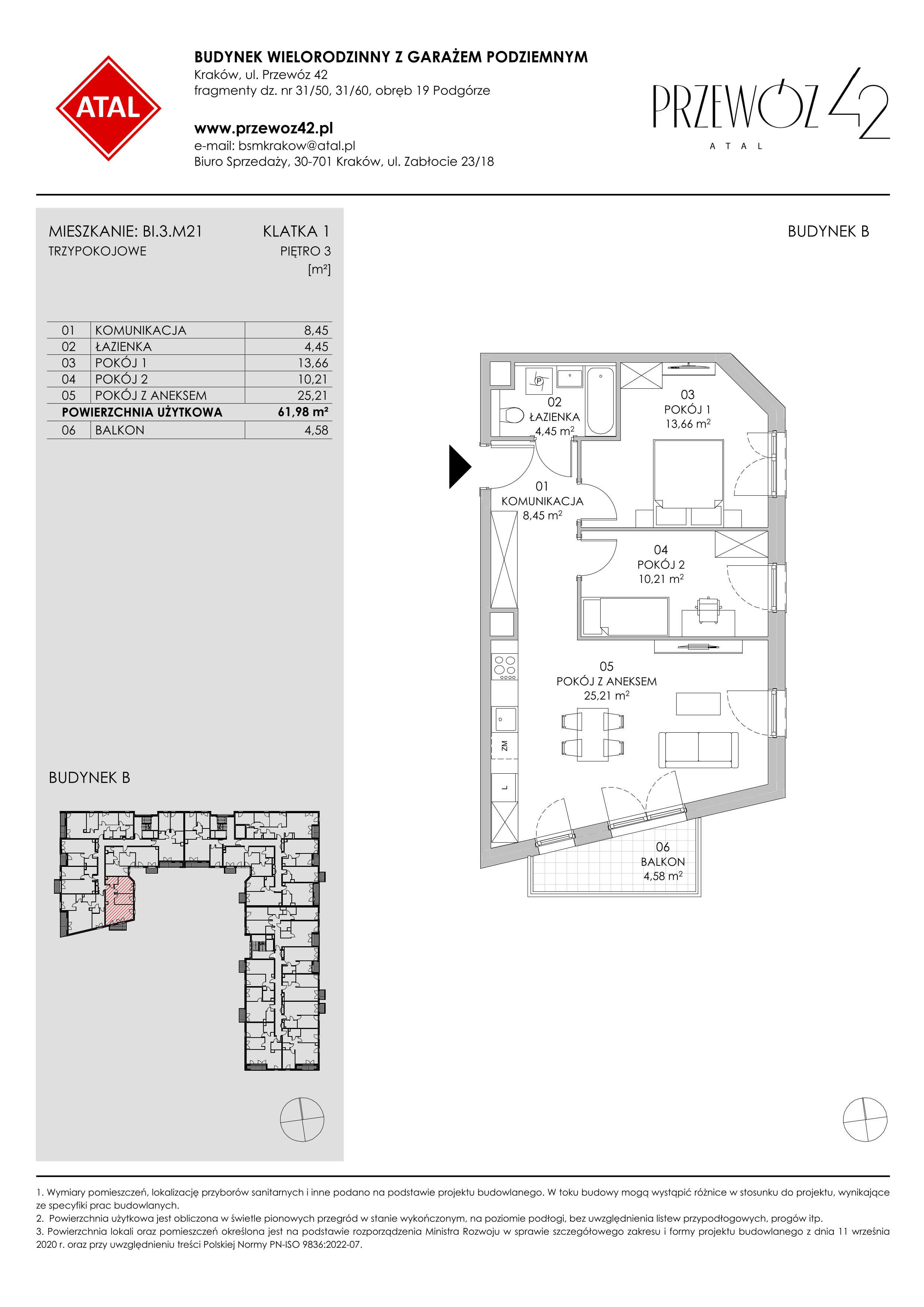 Mieszkanie 61,98 m², piętro 3, oferta nr BI.3.M21, Przewóz 42 ATAL II, Kraków, Podgórze, Płaszów, ul. Przewóz 42-idx