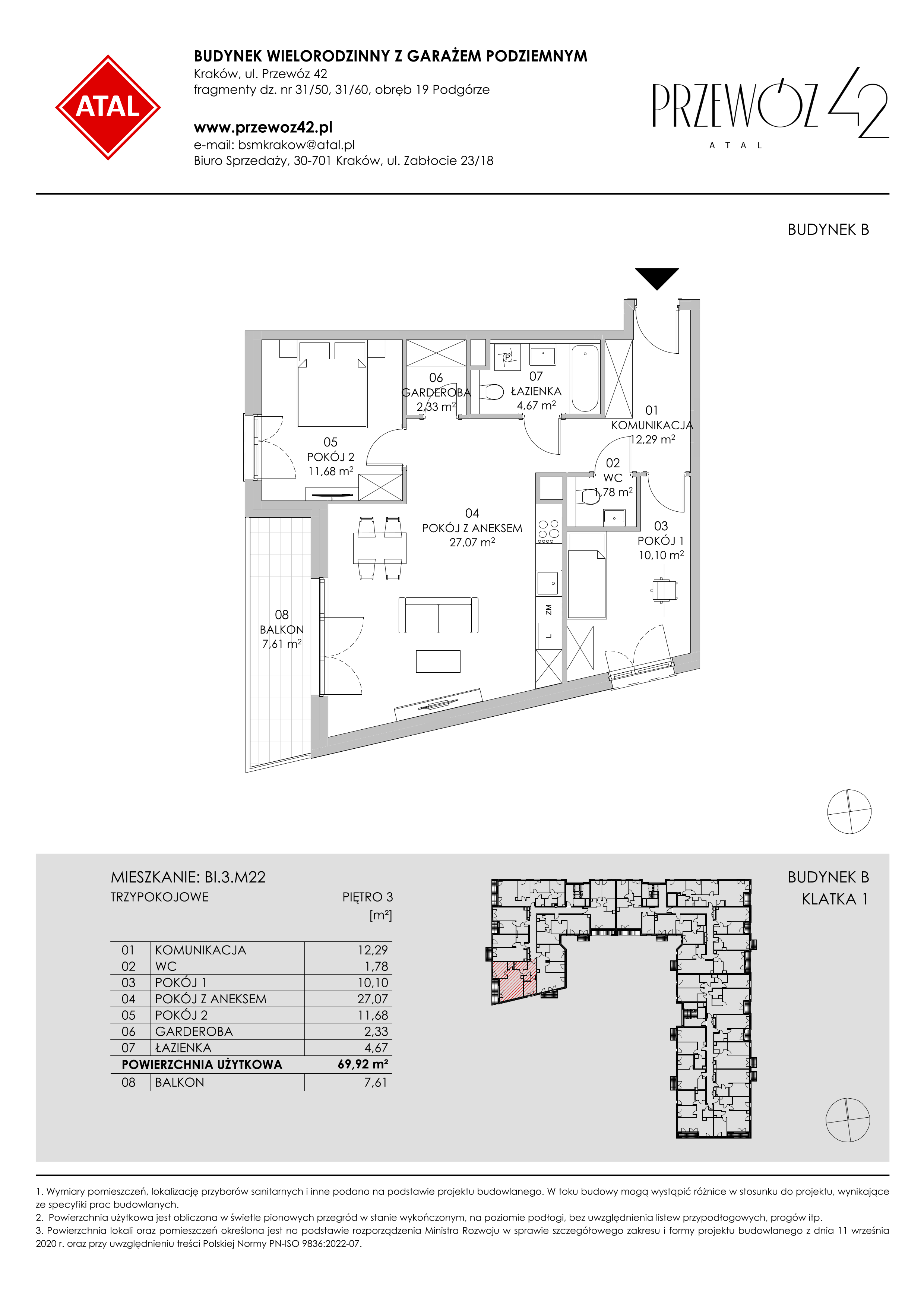 Mieszkanie 69,92 m², piętro 3, oferta nr BI.3.M22, Przewóz 42 ATAL II, Kraków, Podgórze, Płaszów, ul. Przewóz 42-idx