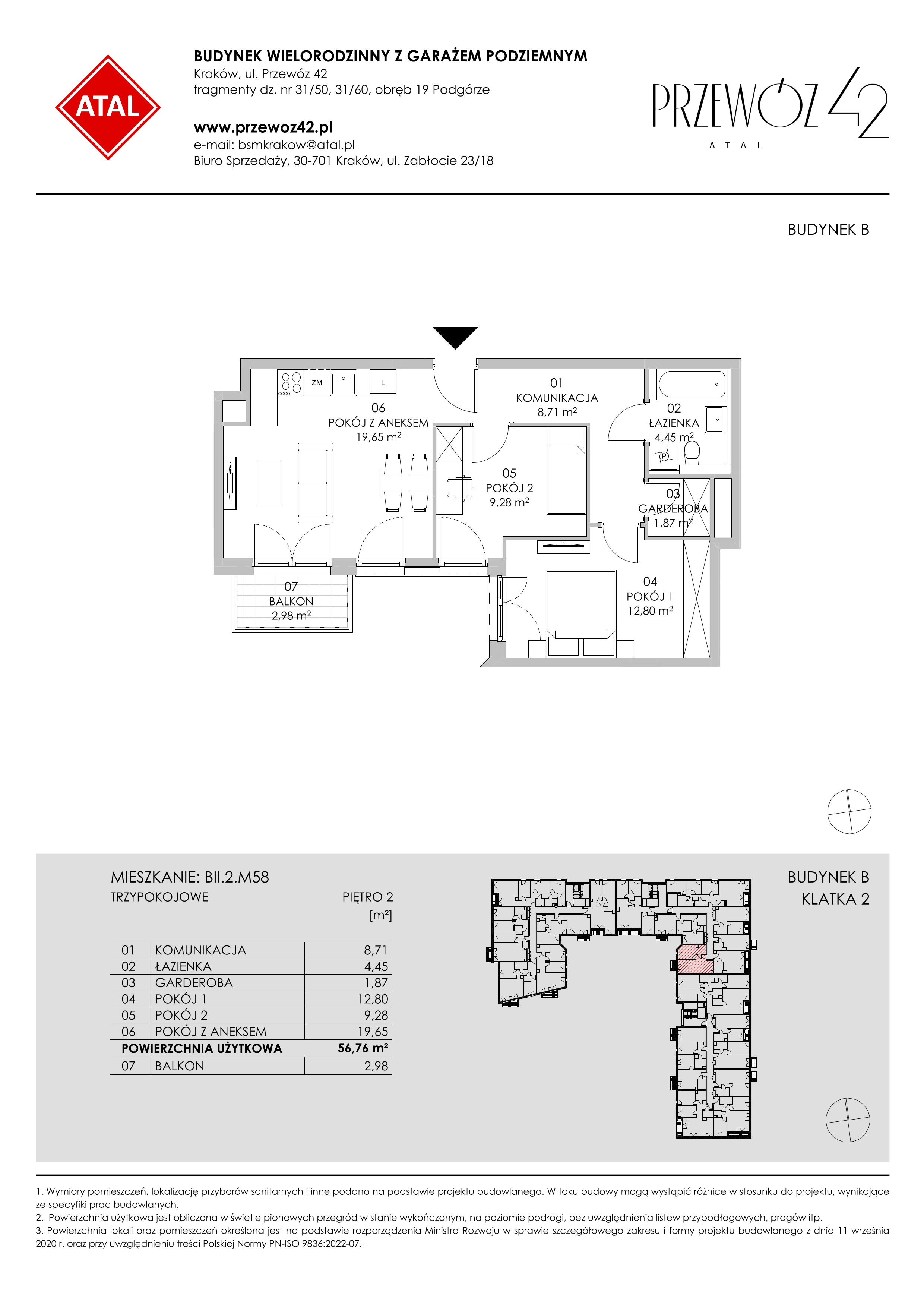 Mieszkanie 56,76 m², piętro 2, oferta nr BII.2.M58, Przewóz 42 ATAL II, Kraków, Podgórze, Płaszów, ul. Przewóz 42-idx