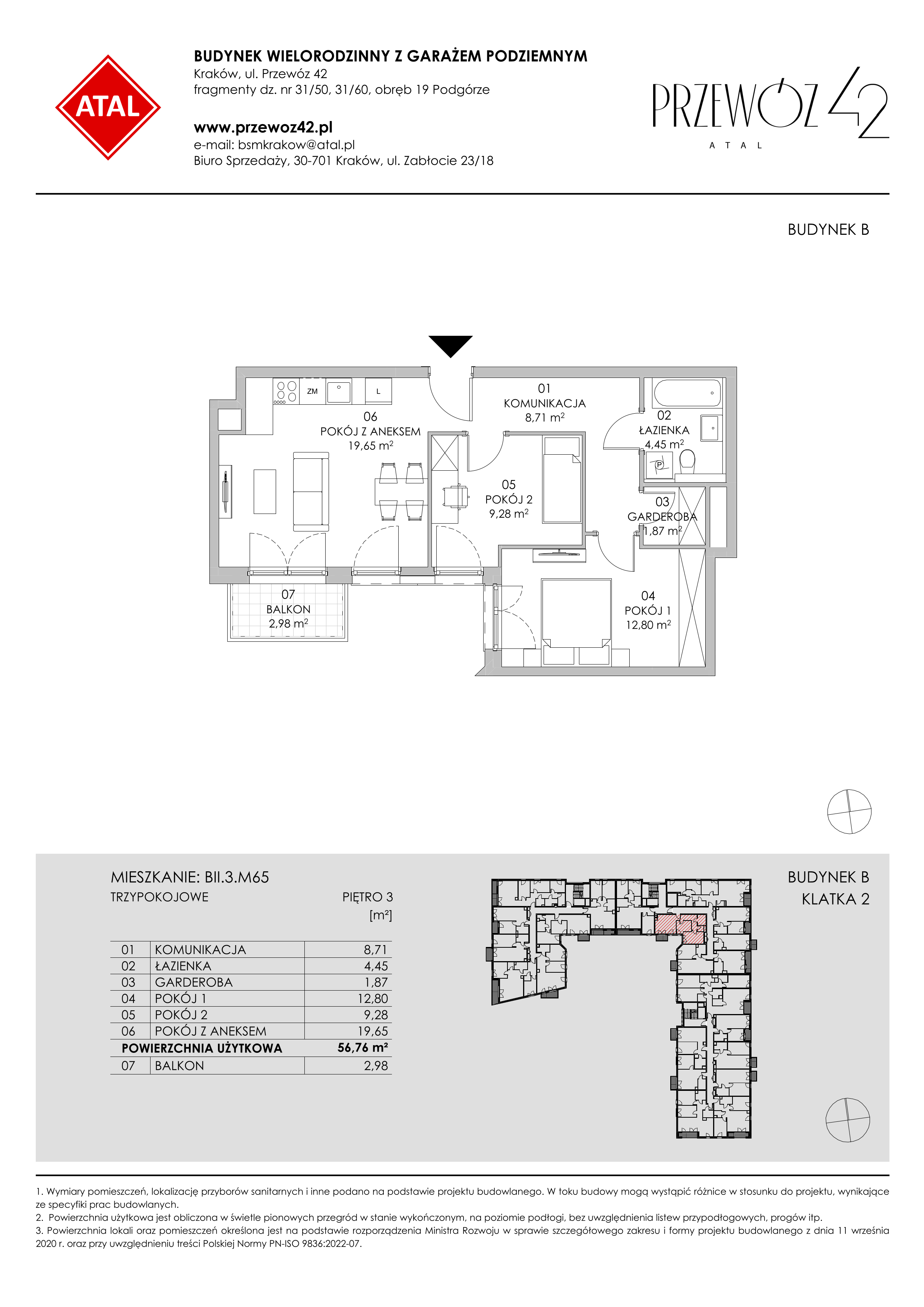 Mieszkanie 56,76 m², piętro 3, oferta nr BII.3.M65, Przewóz 42 ATAL II, Kraków, Podgórze, Płaszów, ul. Przewóz 42-idx