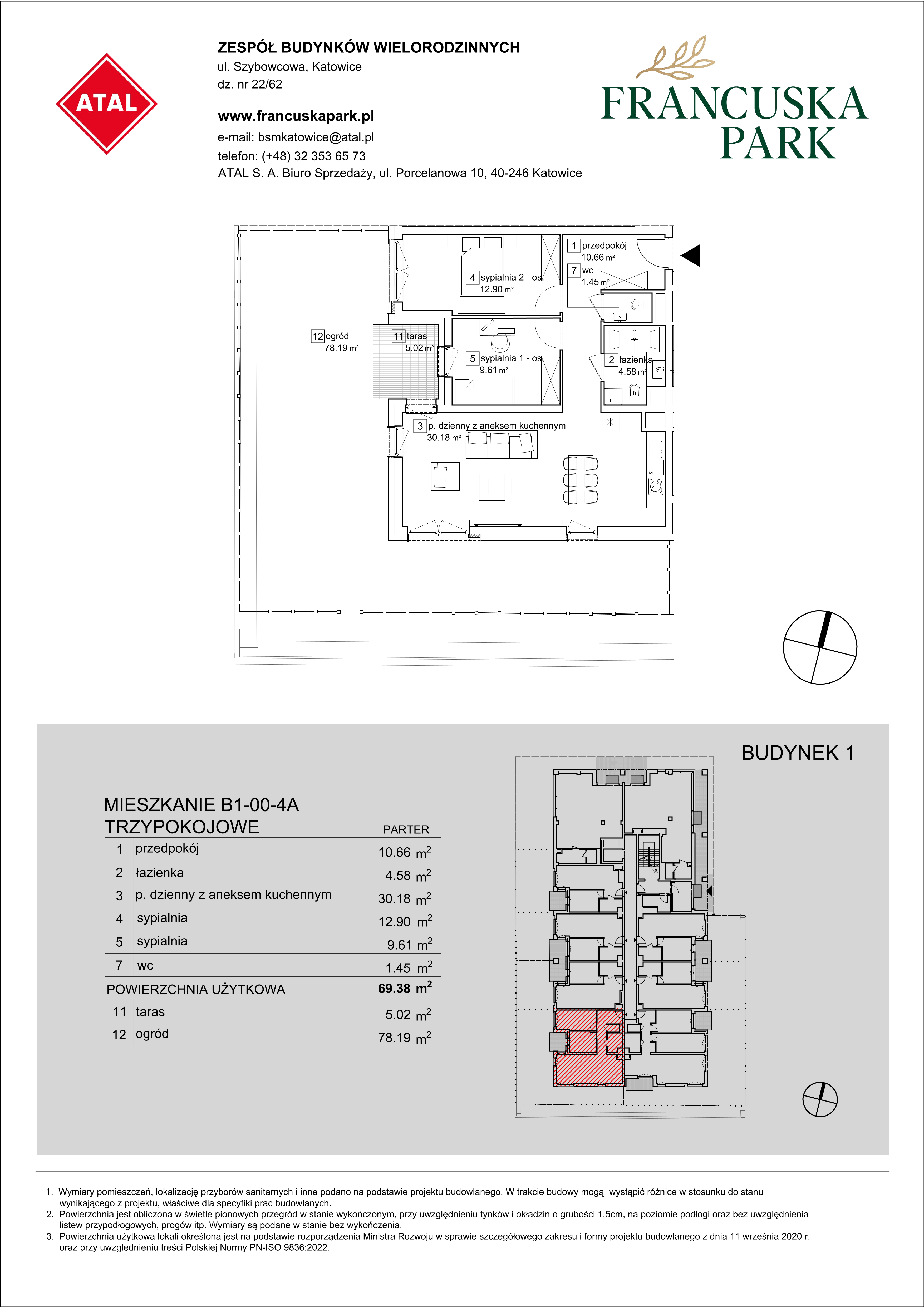 Mieszkanie 69,38 m², parter, oferta nr B1-00-4A, Francuska Park, Katowice, Osiedle Paderewskiego-Muchowiec, Muchowiec, ul. Szybowcowa-idx