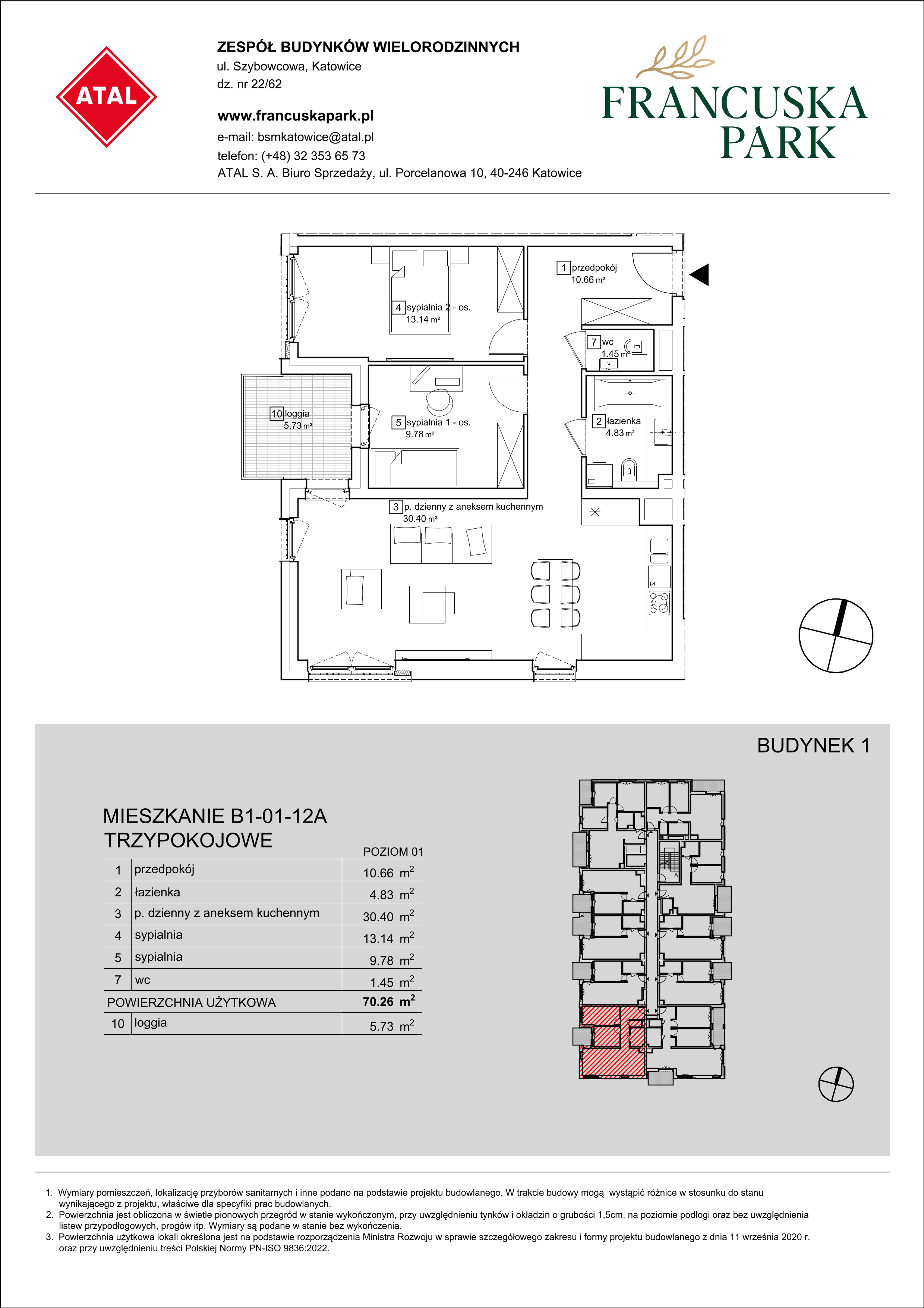 Mieszkanie 70,26 m², piętro 1, oferta nr B1-01-12A, Francuska Park, Katowice, Osiedle Paderewskiego-Muchowiec, Muchowiec, ul. Szybowcowa-idx