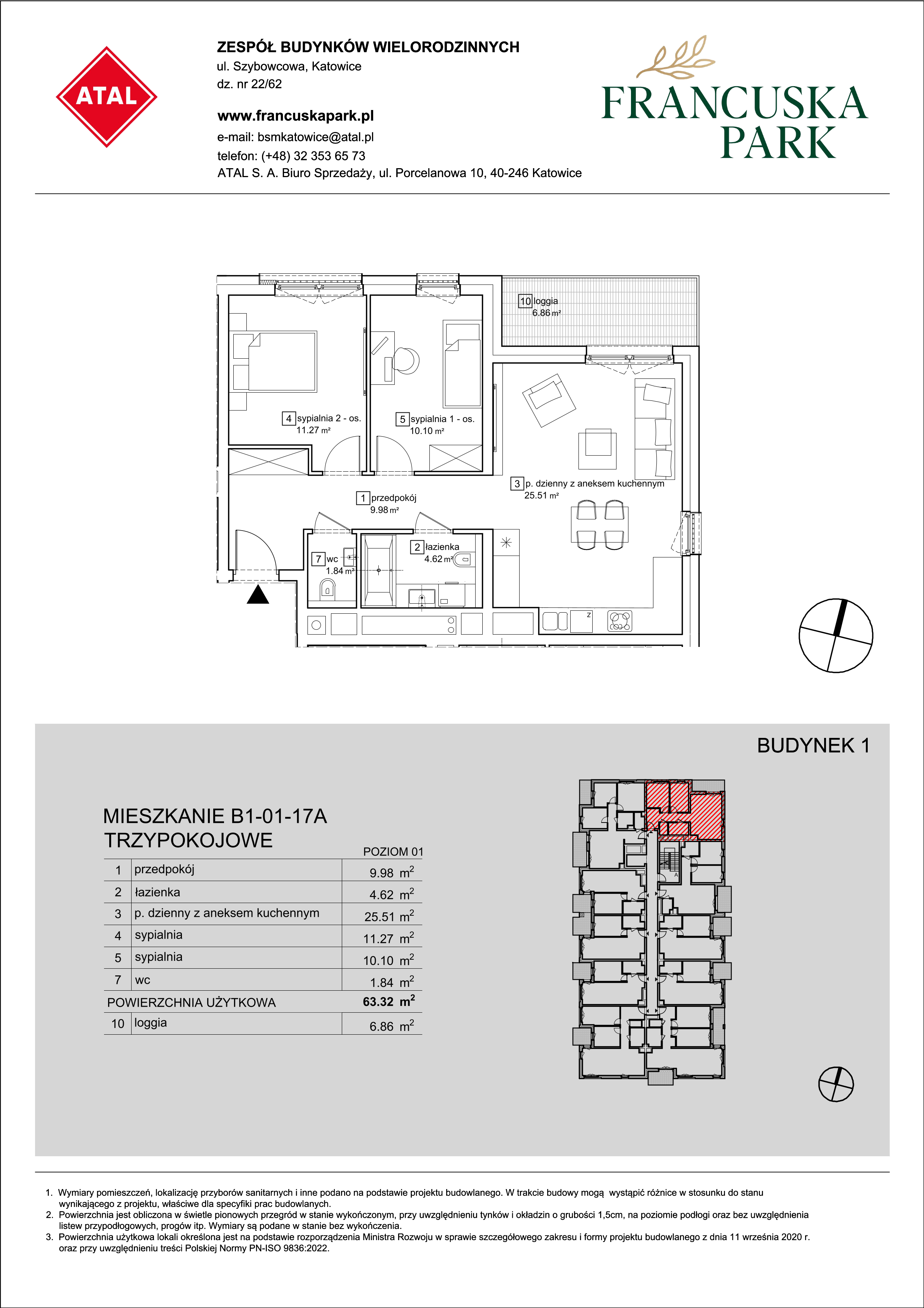 Mieszkanie 63,32 m², piętro 1, oferta nr B1-01-17A, Francuska Park, Katowice, Osiedle Paderewskiego-Muchowiec, Muchowiec, ul. Szybowcowa-idx