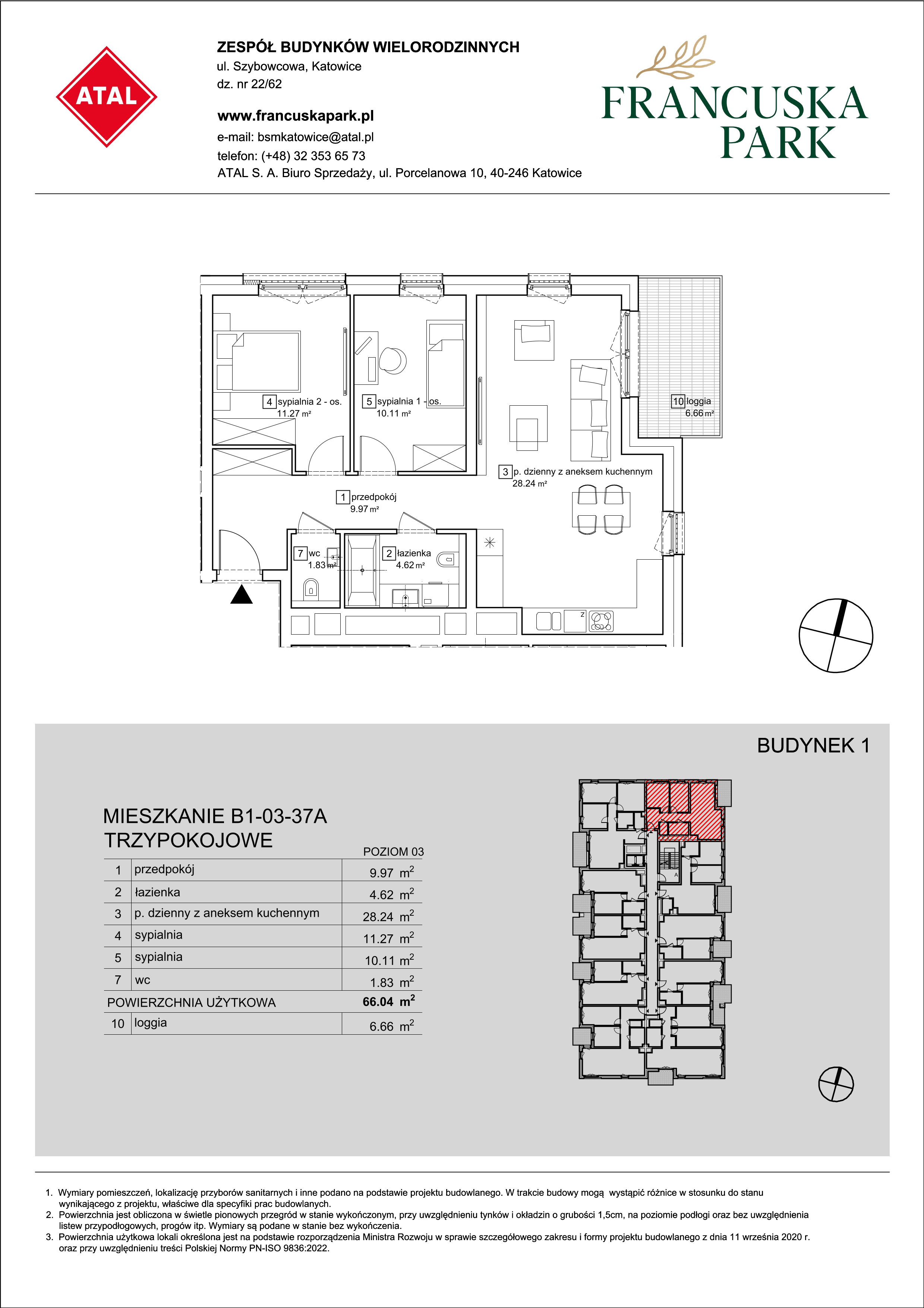 Mieszkanie 66,04 m², piętro 3, oferta nr B1-03-37A, Francuska Park, Katowice, Osiedle Paderewskiego-Muchowiec, Muchowiec, ul. Szybowcowa-idx