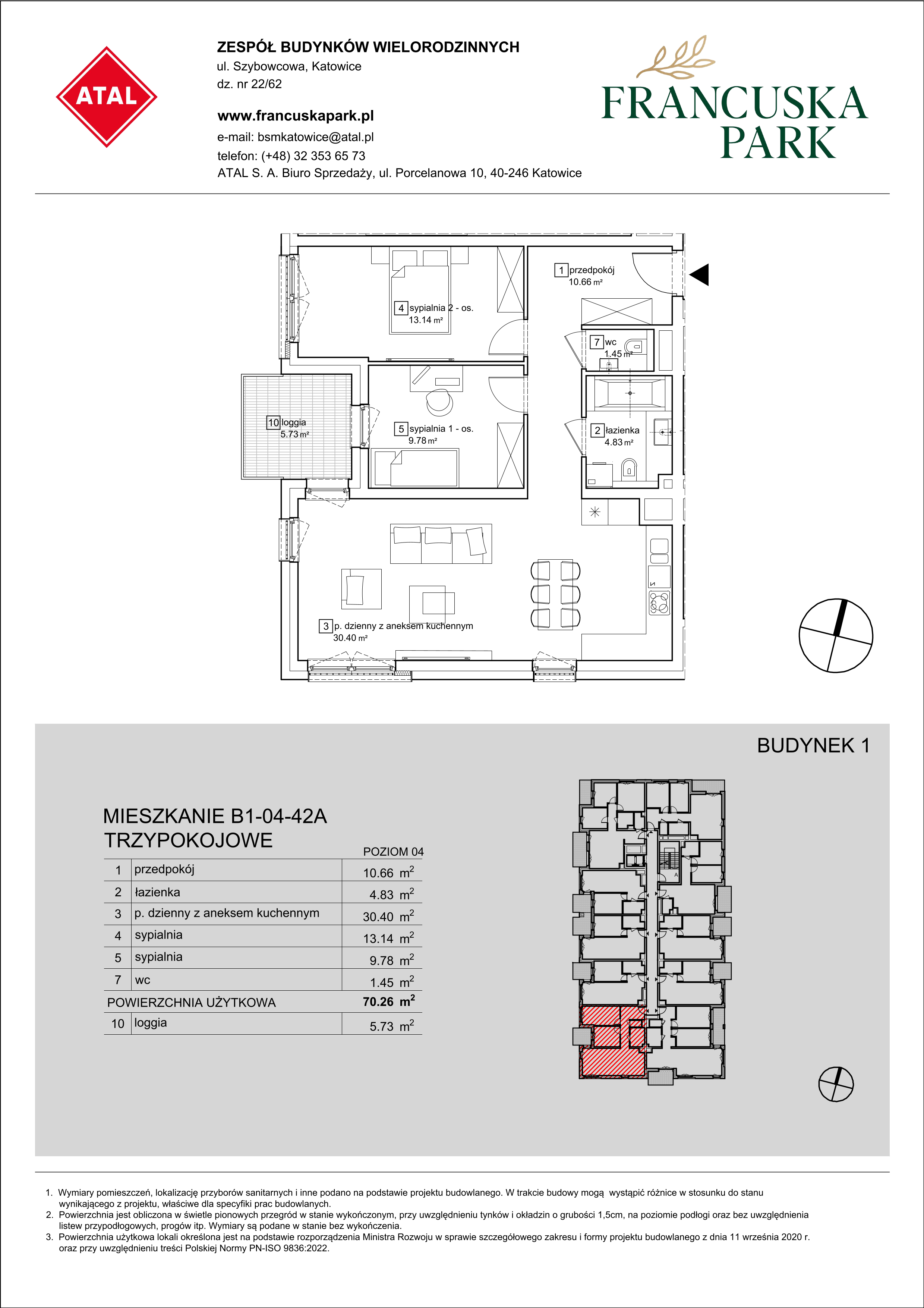 Mieszkanie 70,26 m², piętro 4, oferta nr B1-04-42A, Francuska Park, Katowice, Osiedle Paderewskiego-Muchowiec, Muchowiec, ul. Szybowcowa-idx