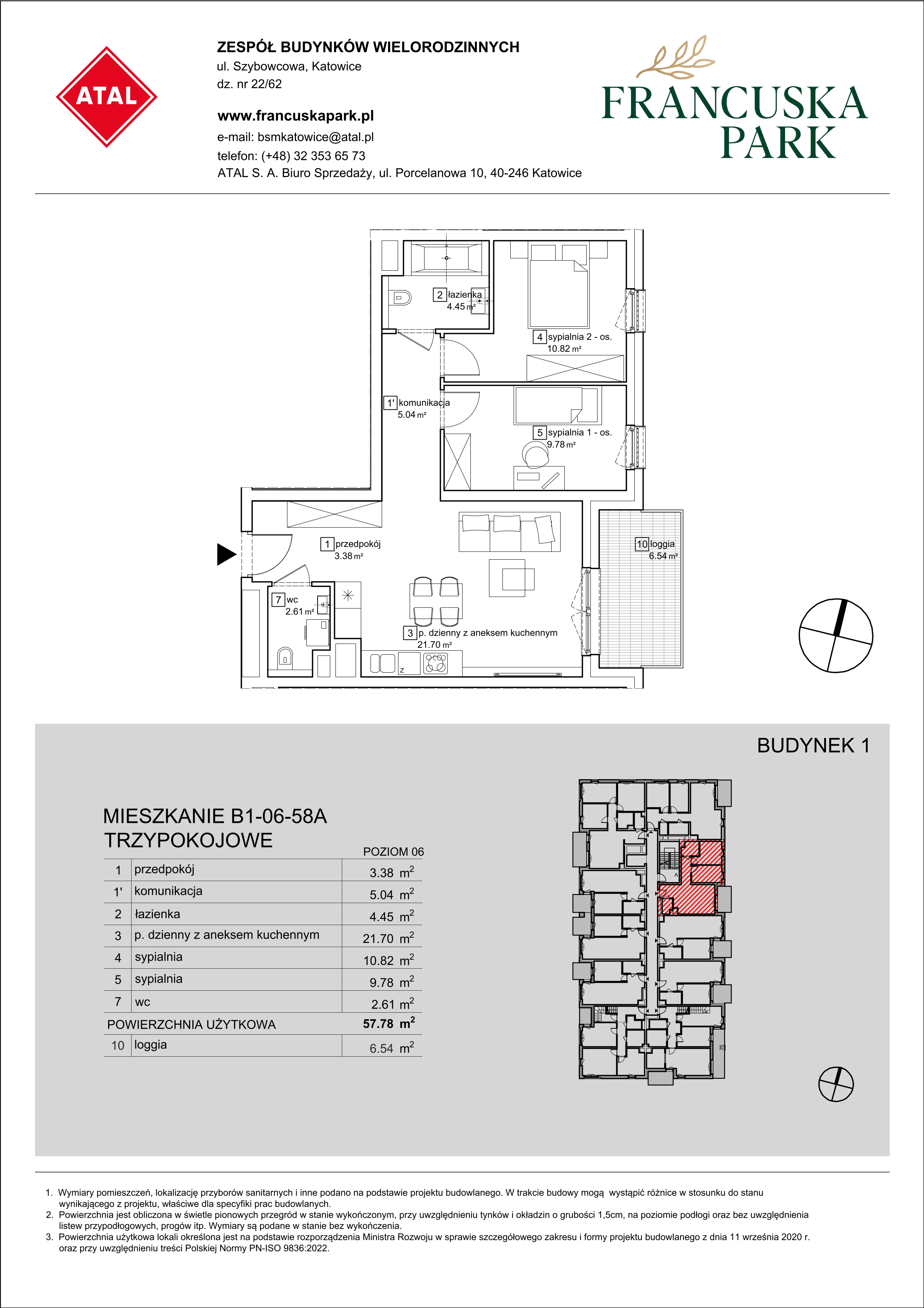 Mieszkanie 57,78 m², piętro 6, oferta nr B1-06-58A, Francuska Park, Katowice, Osiedle Paderewskiego-Muchowiec, Muchowiec, ul. Szybowcowa-idx