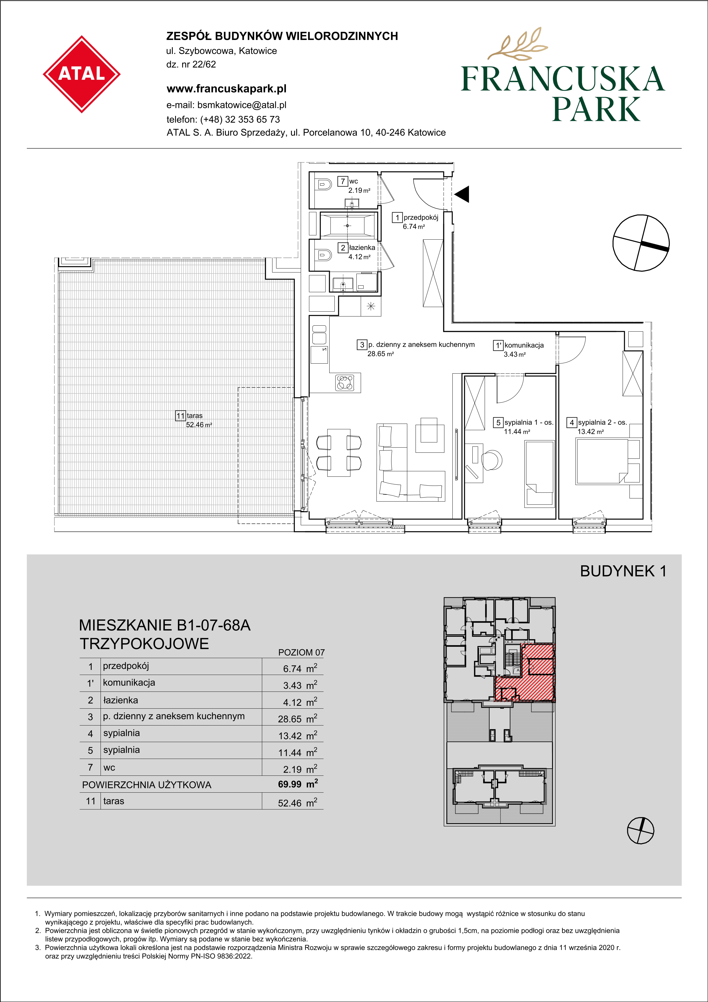 Mieszkanie 69,99 m², piętro 7, oferta nr B1-07-68A, Francuska Park, Katowice, Osiedle Paderewskiego-Muchowiec, Muchowiec, ul. Szybowcowa-idx