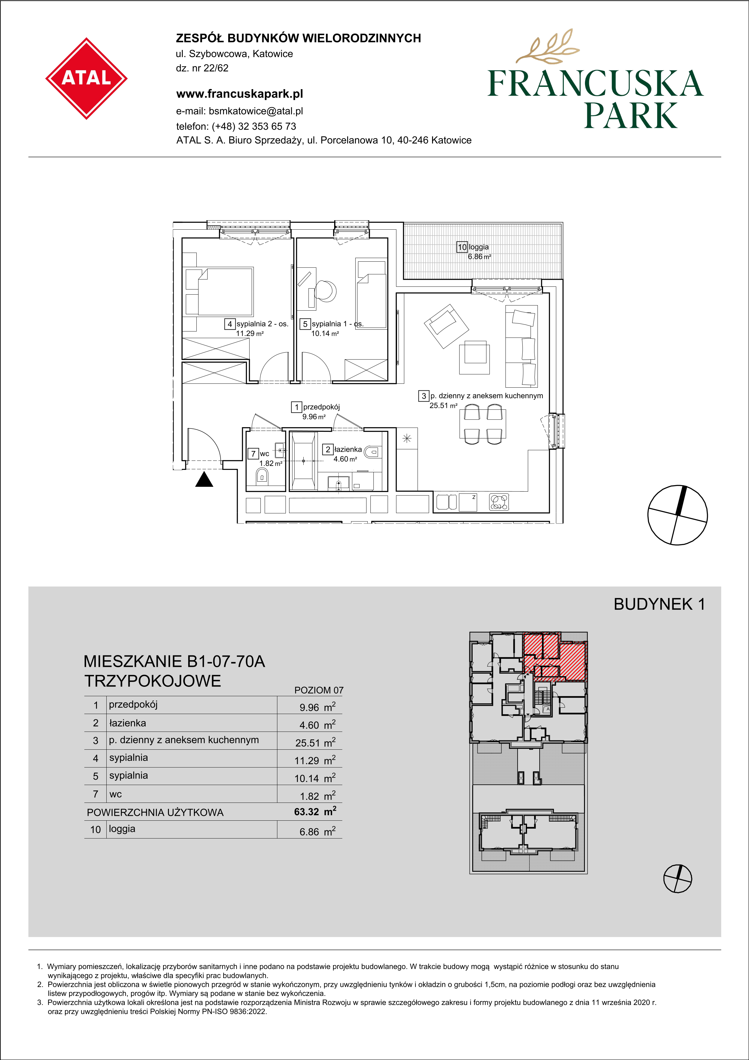 Mieszkanie 63,32 m², piętro 7, oferta nr B1-07-70A, Francuska Park, Katowice, Osiedle Paderewskiego-Muchowiec, Muchowiec, ul. Szybowcowa-idx