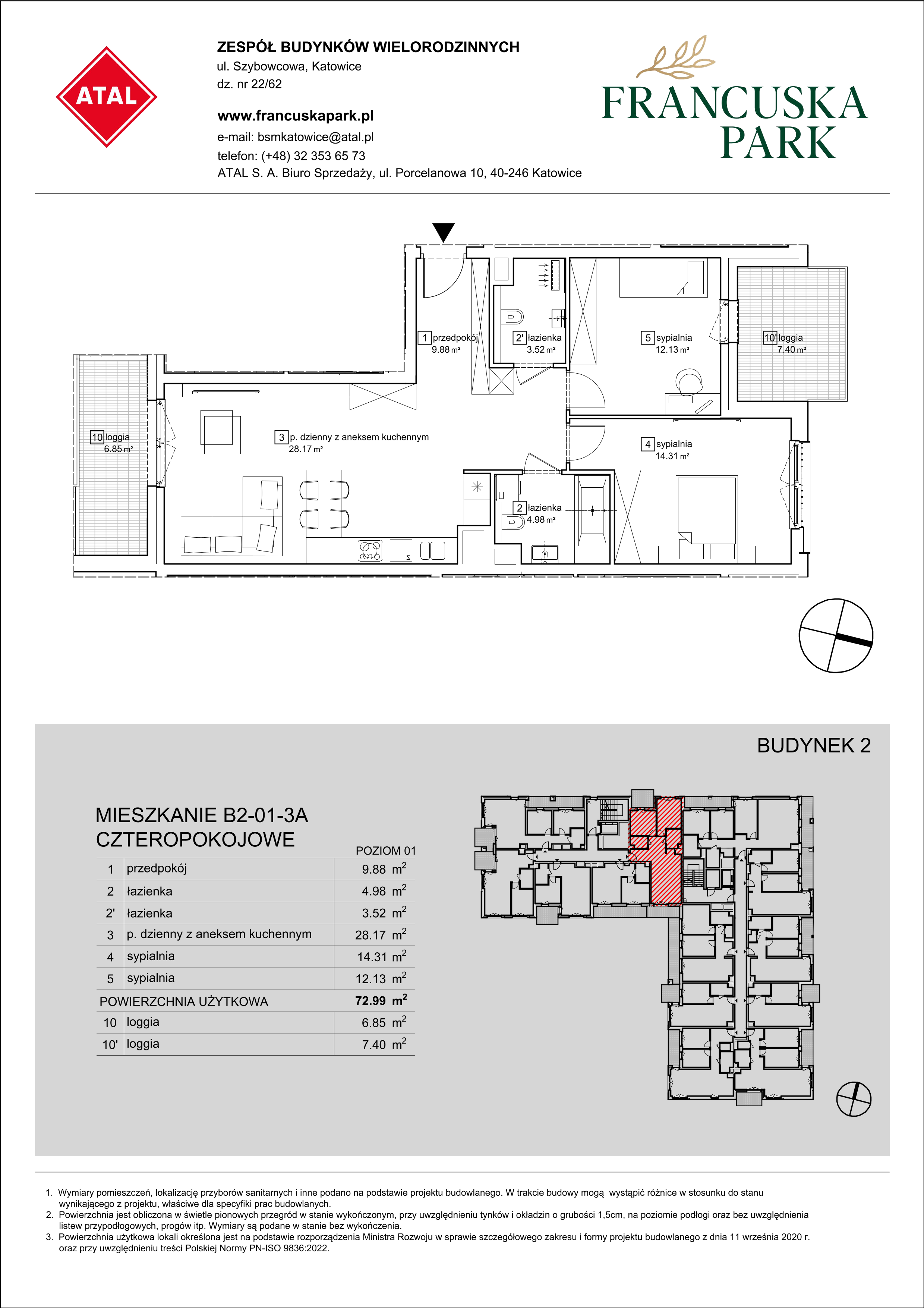 Mieszkanie 72,99 m², piętro 1, oferta nr B2-01-3A, Francuska Park, Katowice, Osiedle Paderewskiego-Muchowiec, Muchowiec, ul. Szybowcowa-idx