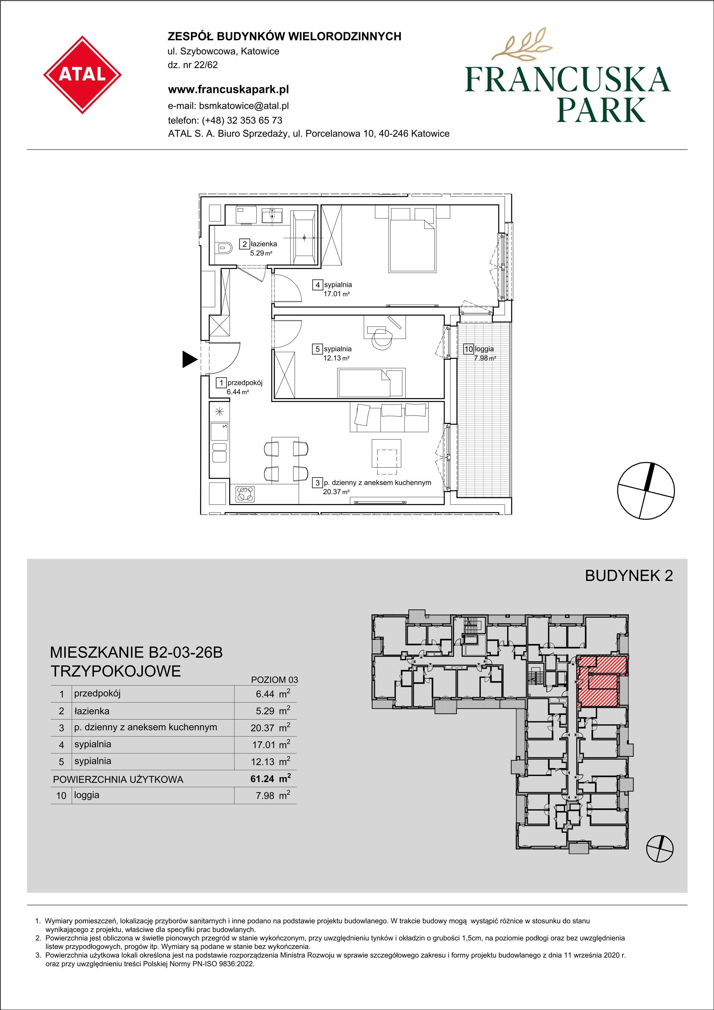 Mieszkanie 61,24 m², piętro 3, oferta nr B2-03-26B, Francuska Park, Katowice, Osiedle Paderewskiego-Muchowiec, Muchowiec, ul. Szybowcowa-idx