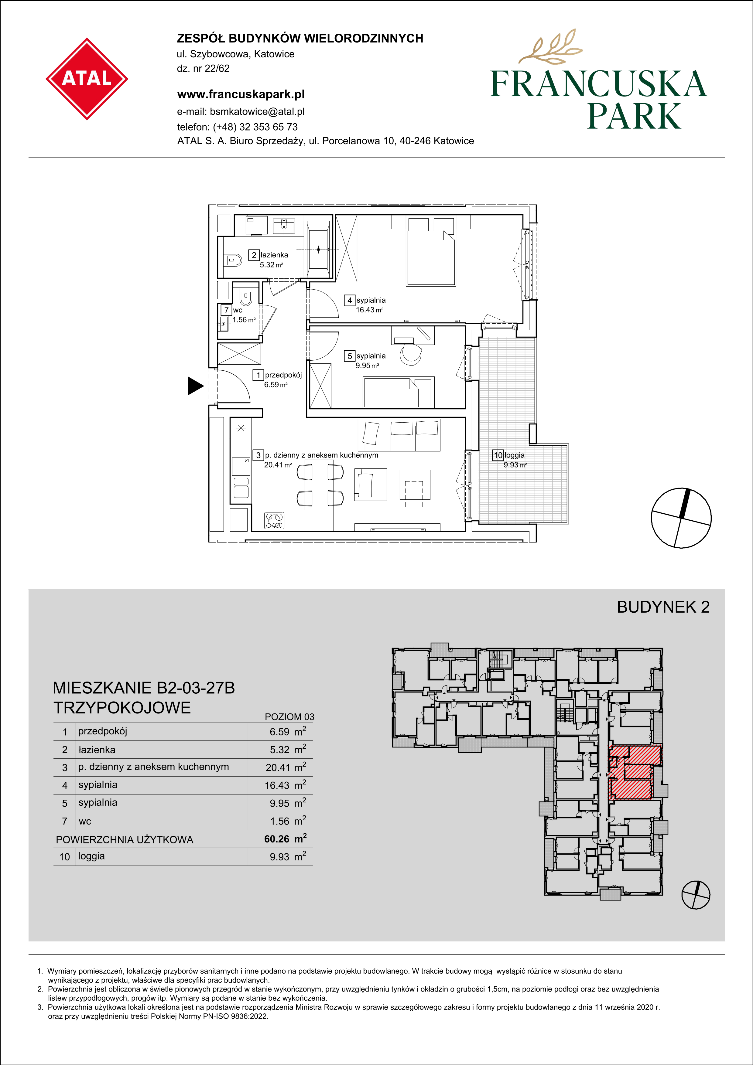 Mieszkanie 60,26 m², piętro 3, oferta nr B2-03-27B, Francuska Park, Katowice, Osiedle Paderewskiego-Muchowiec, Muchowiec, ul. Szybowcowa-idx