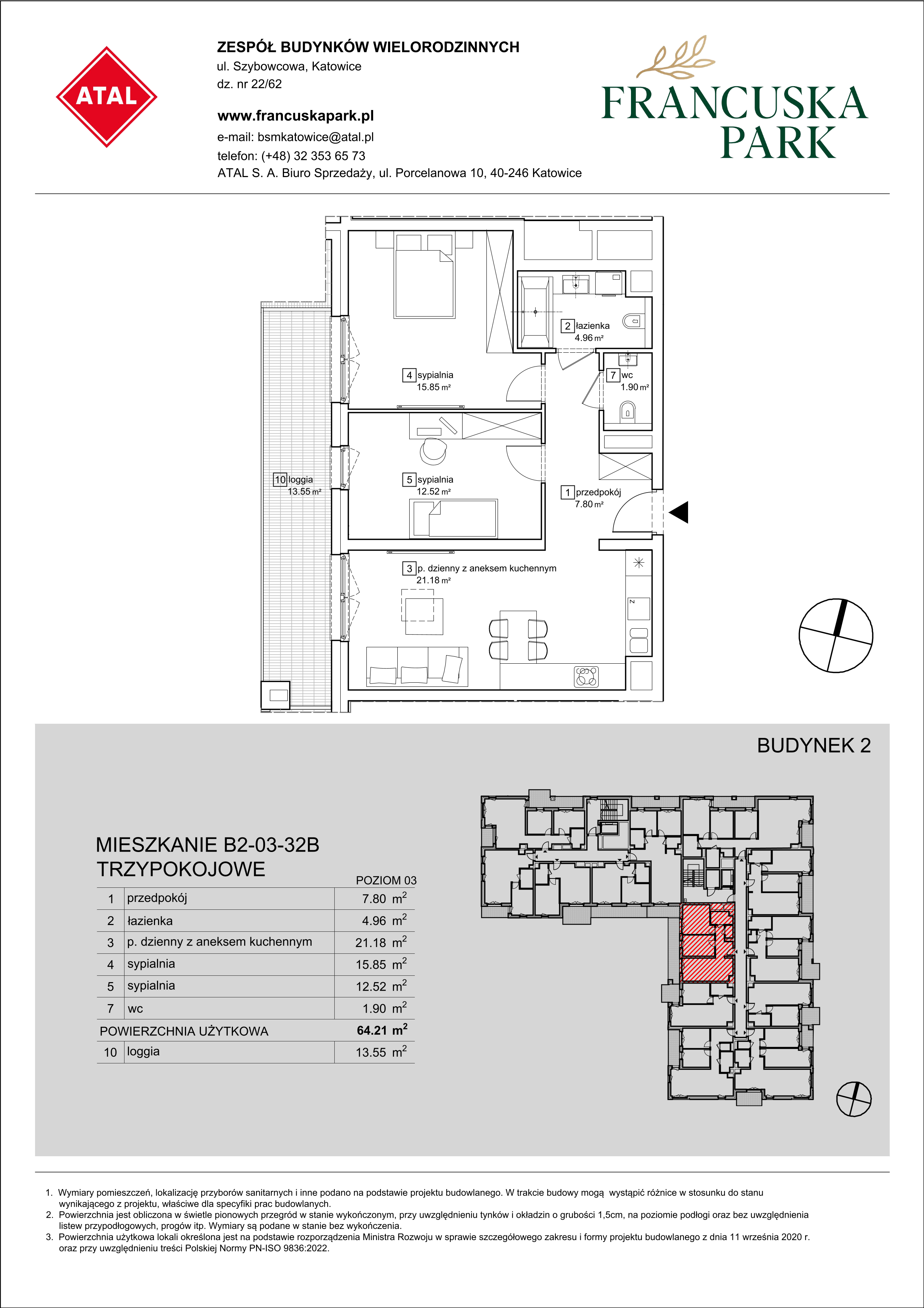 Mieszkanie 64,21 m², piętro 3, oferta nr B2-03-32B, Francuska Park, Katowice, Osiedle Paderewskiego-Muchowiec, Muchowiec, ul. Szybowcowa-idx