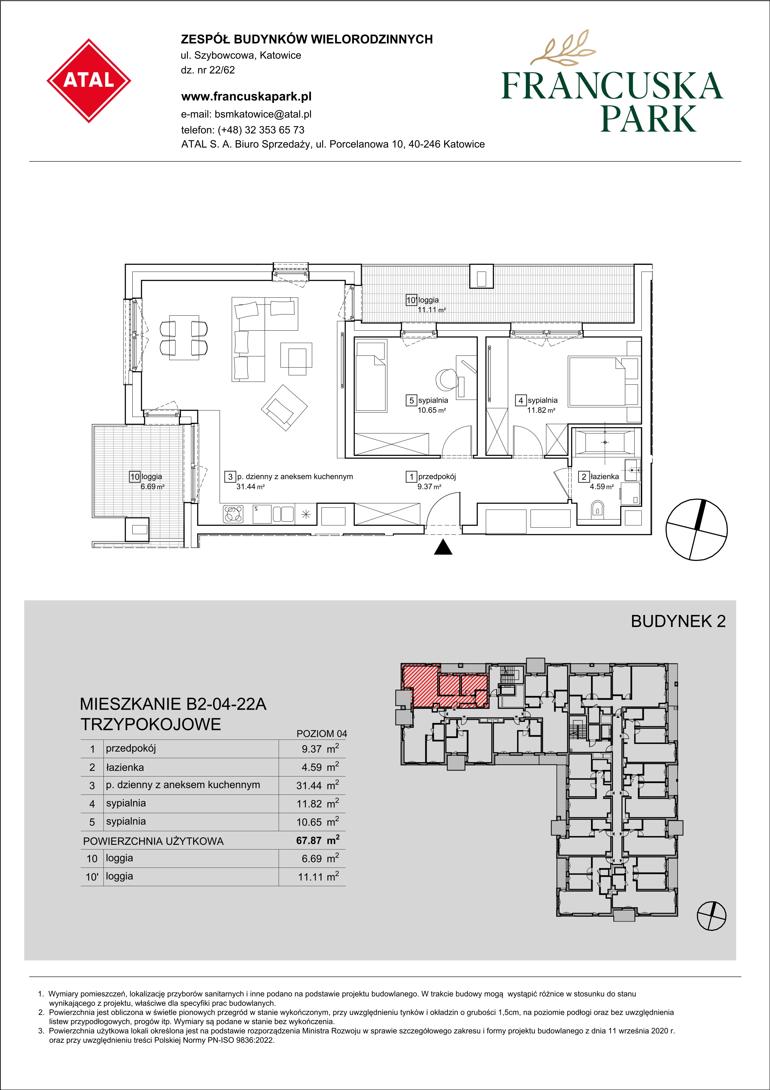 Mieszkanie 67,87 m², piętro 4, oferta nr B2-04-22A, Francuska Park, Katowice, Osiedle Paderewskiego-Muchowiec, Muchowiec, ul. Szybowcowa-idx