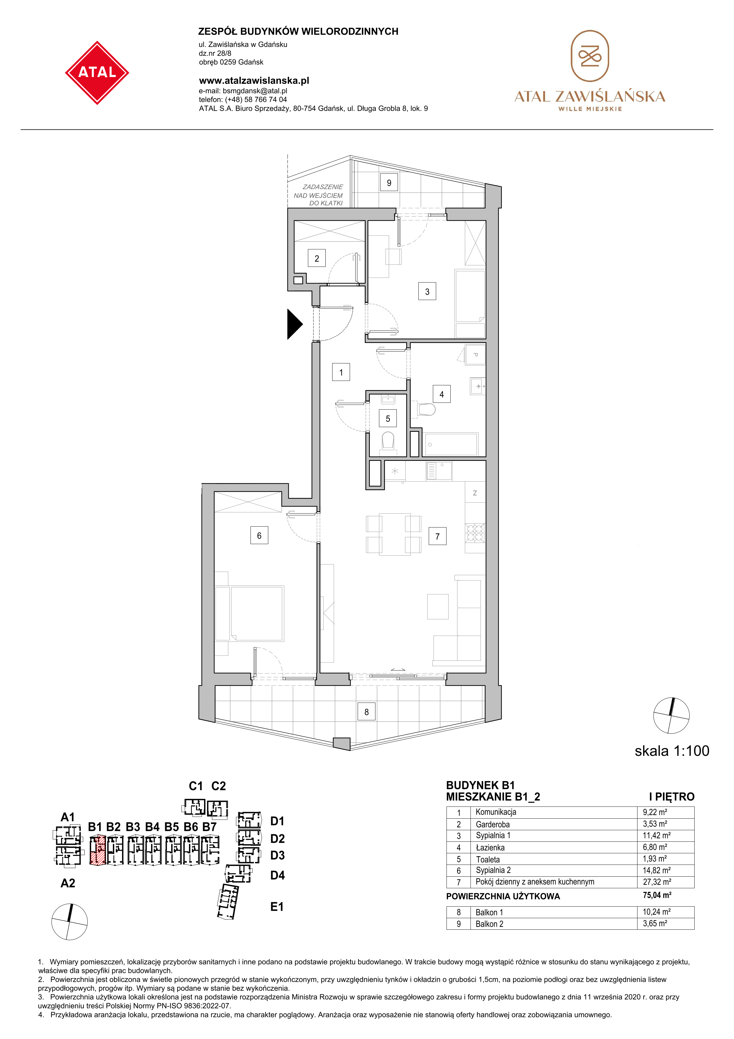 Mieszkanie 75,04 m², piętro 1, oferta nr B1_2, ATAL Zawiślańska Wille Miejskie, Gdańsk, Stogi, ul. Zawiślańska-idx