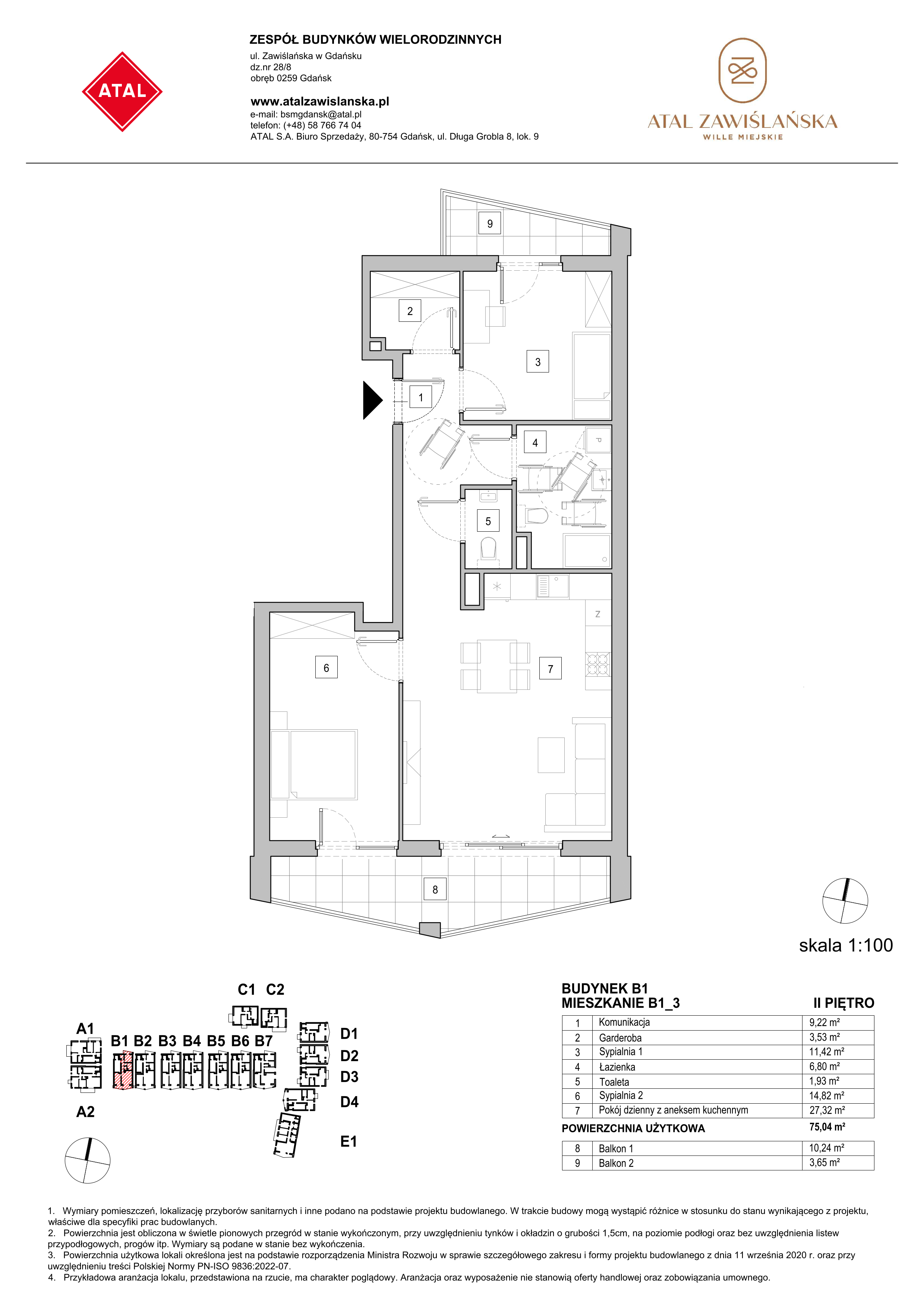 Mieszkanie 75,04 m², piętro 2, oferta nr B1_3, ATAL Zawiślańska Wille Miejskie, Gdańsk, Stogi, ul. Zawiślańska-idx