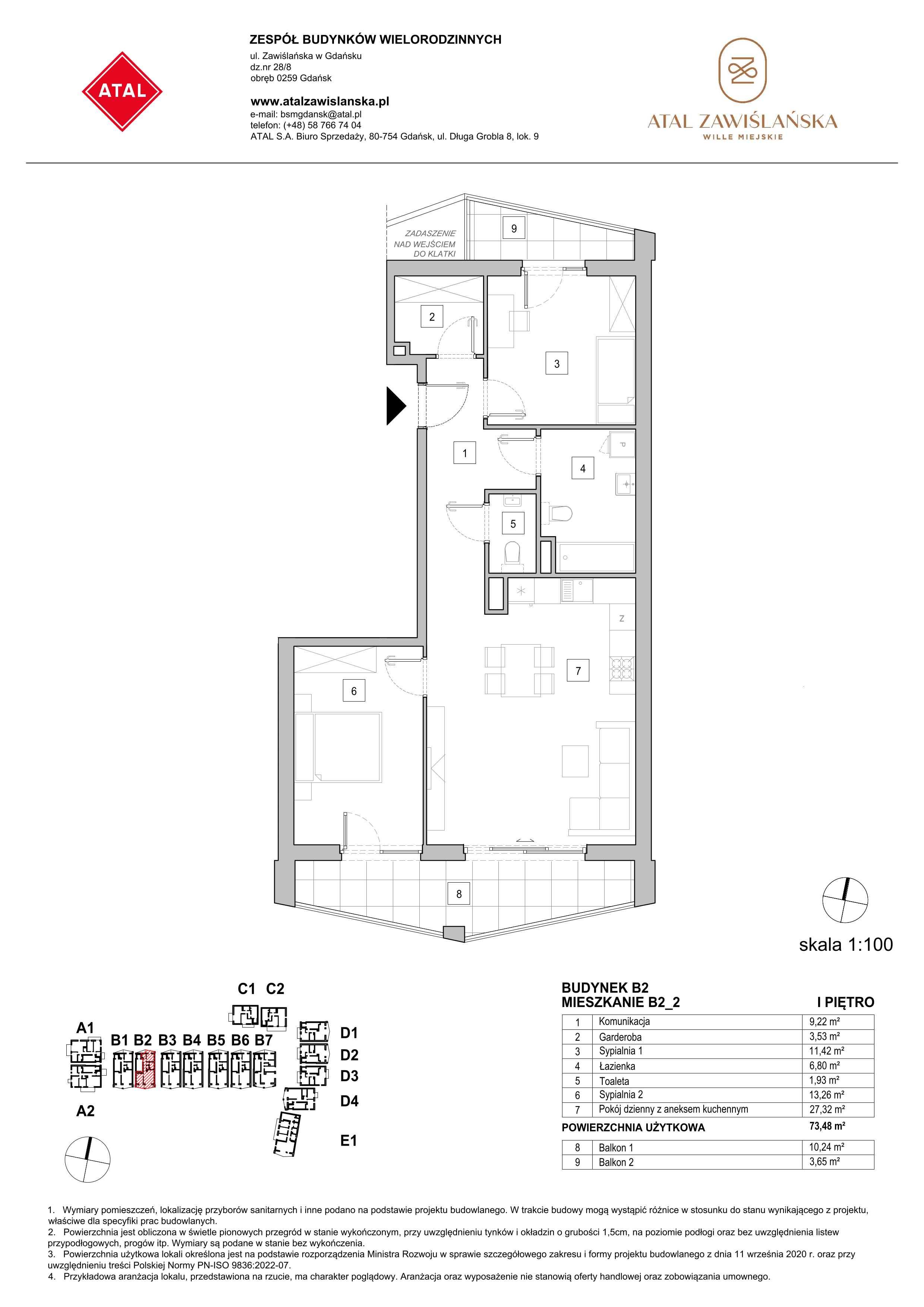 Mieszkanie 73,48 m², piętro 1, oferta nr B2_2, ATAL Zawiślańska Wille Miejskie, Gdańsk, Stogi, ul. Zawiślańska-idx