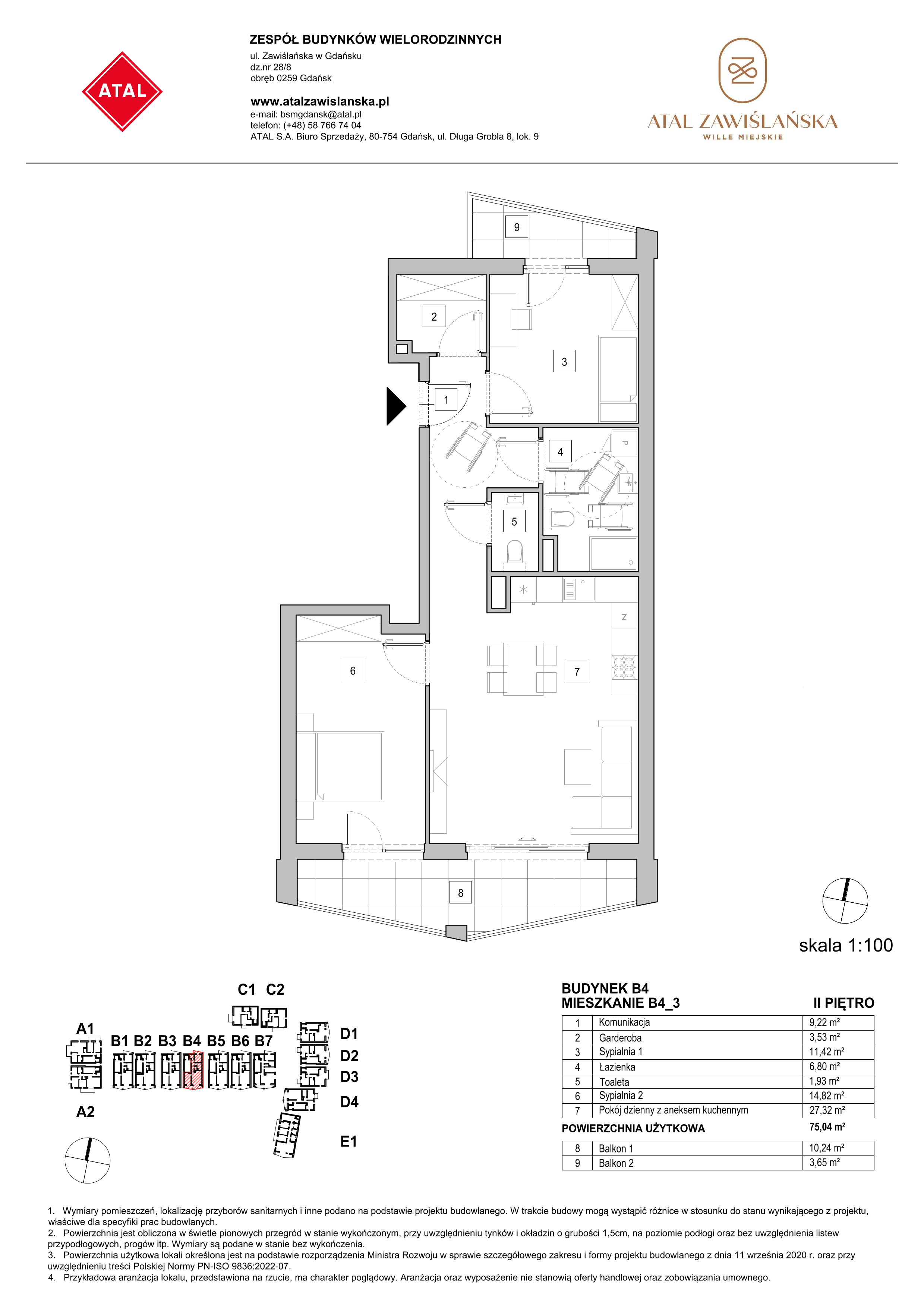 Mieszkanie 75,04 m², piętro 2, oferta nr B4_3, ATAL Zawiślańska Wille Miejskie, Gdańsk, Stogi, ul. Zawiślańska-idx