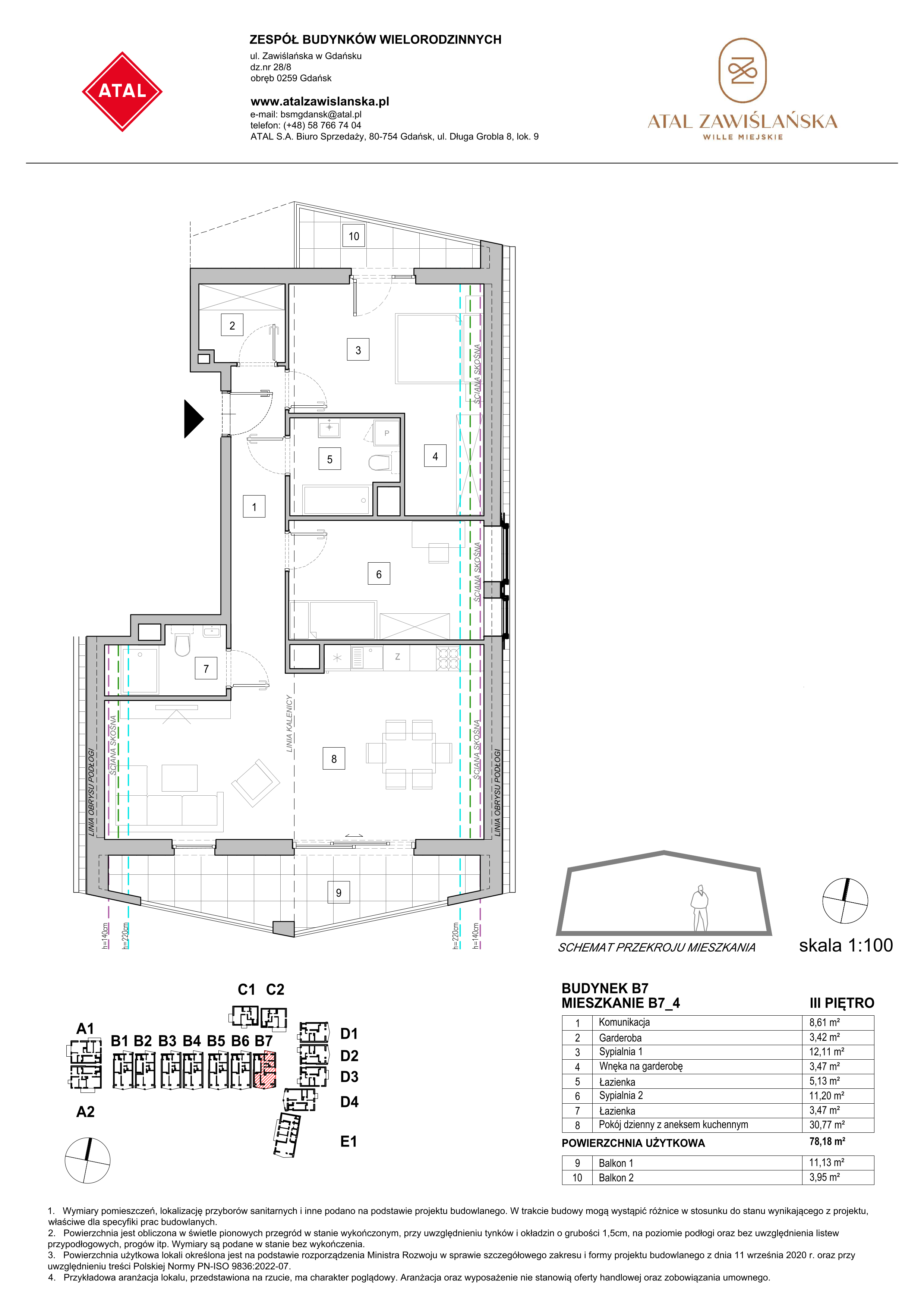 Mieszkanie 78,18 m², piętro 3, oferta nr B7_4, ATAL Zawiślańska Wille Miejskie, Gdańsk, Stogi, ul. Zawiślańska-idx