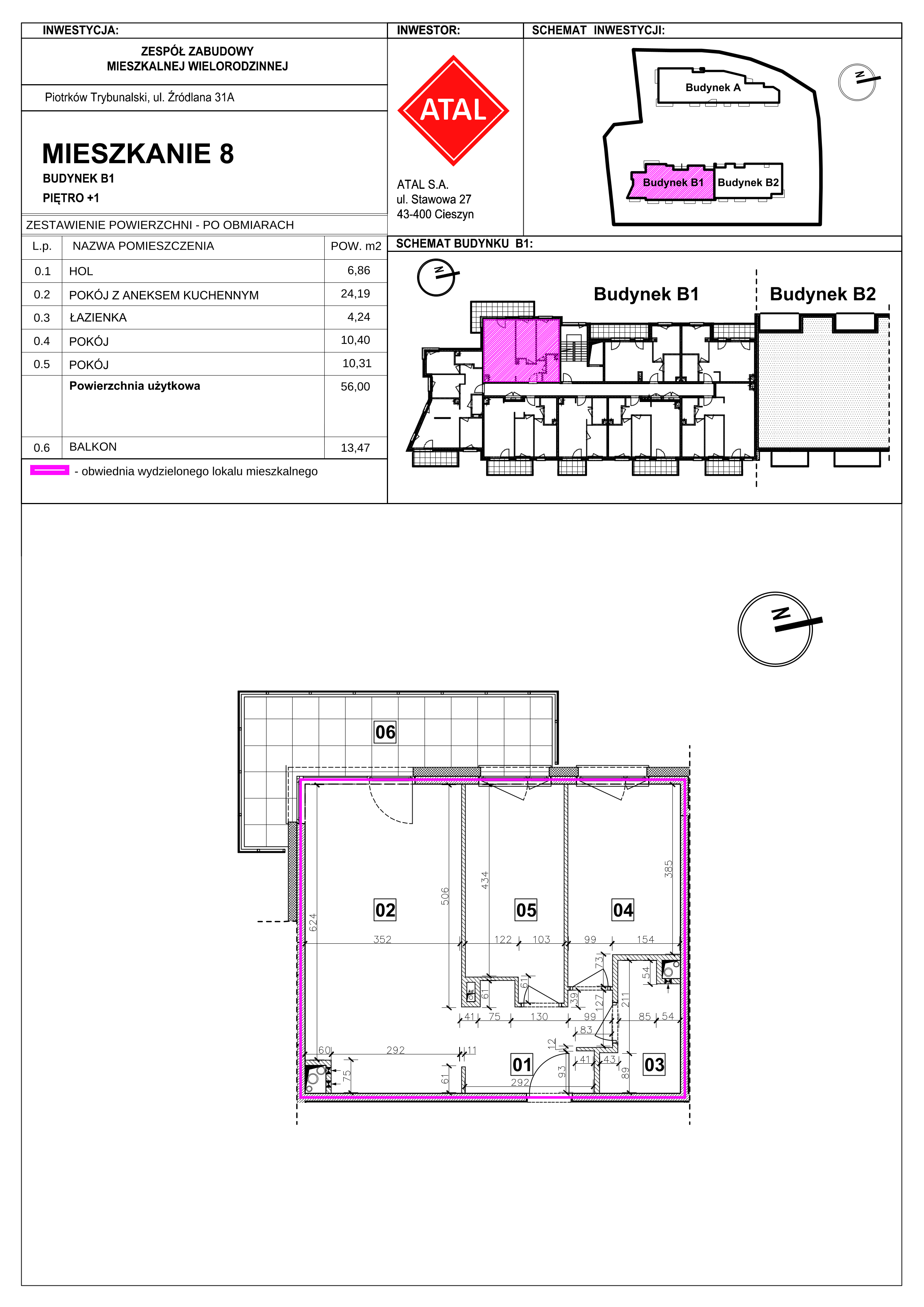 Mieszkanie 56,00 m², piętro 1, oferta nr B1-M-1-01, Źródlana 31 Residence, Piotrków Trybunalski, Źródlana, ul. Źródlana 31-idx