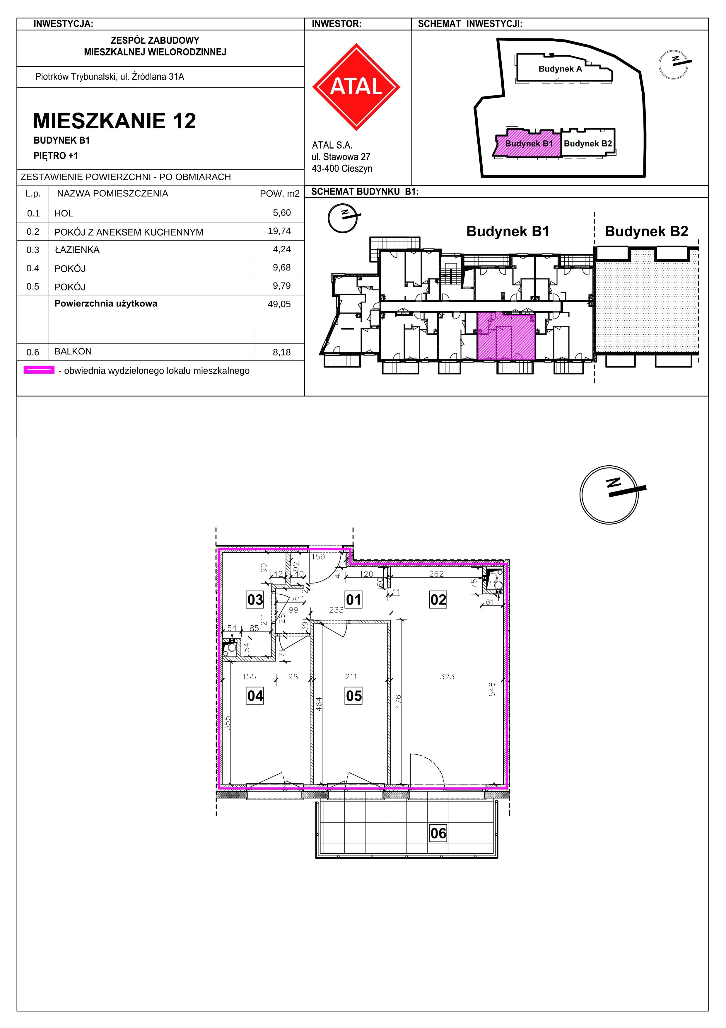 Mieszkanie 49,05 m², piętro 1, oferta nr B1-M-1-05, Źródlana 31 Residence, Piotrków Trybunalski, Źródlana, ul. Źródlana 31-idx