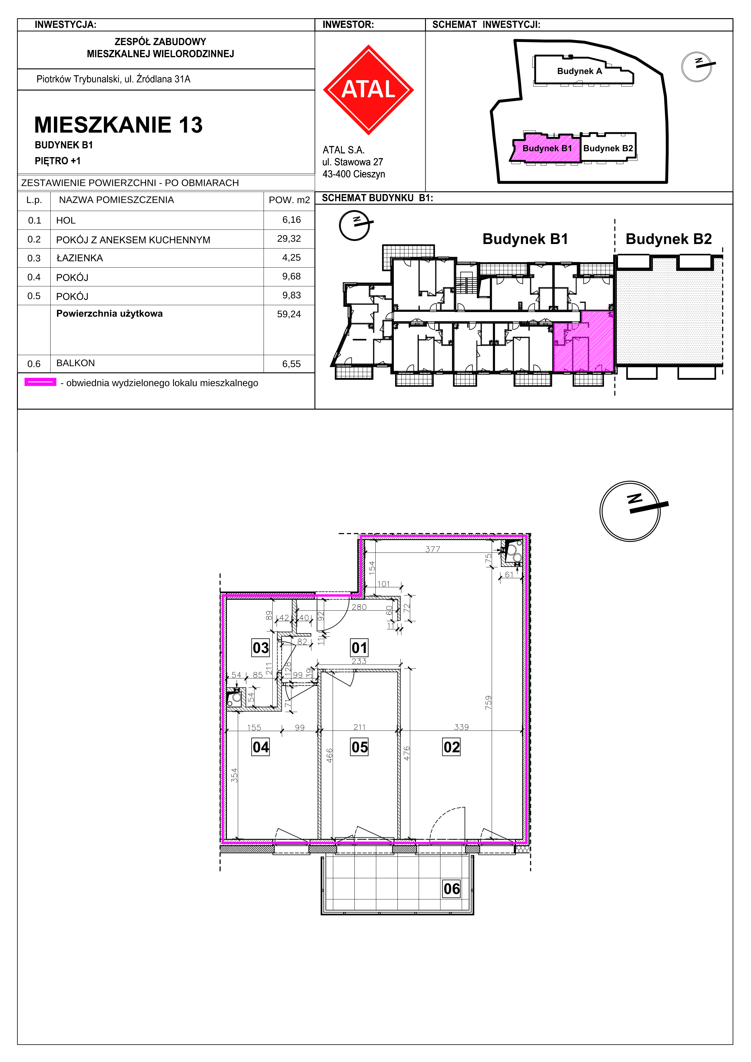 Mieszkanie 59,24 m², piętro 1, oferta nr B1-M-1-06, Źródlana 31 Residence, Piotrków Trybunalski, Źródlana, ul. Źródlana 31-idx