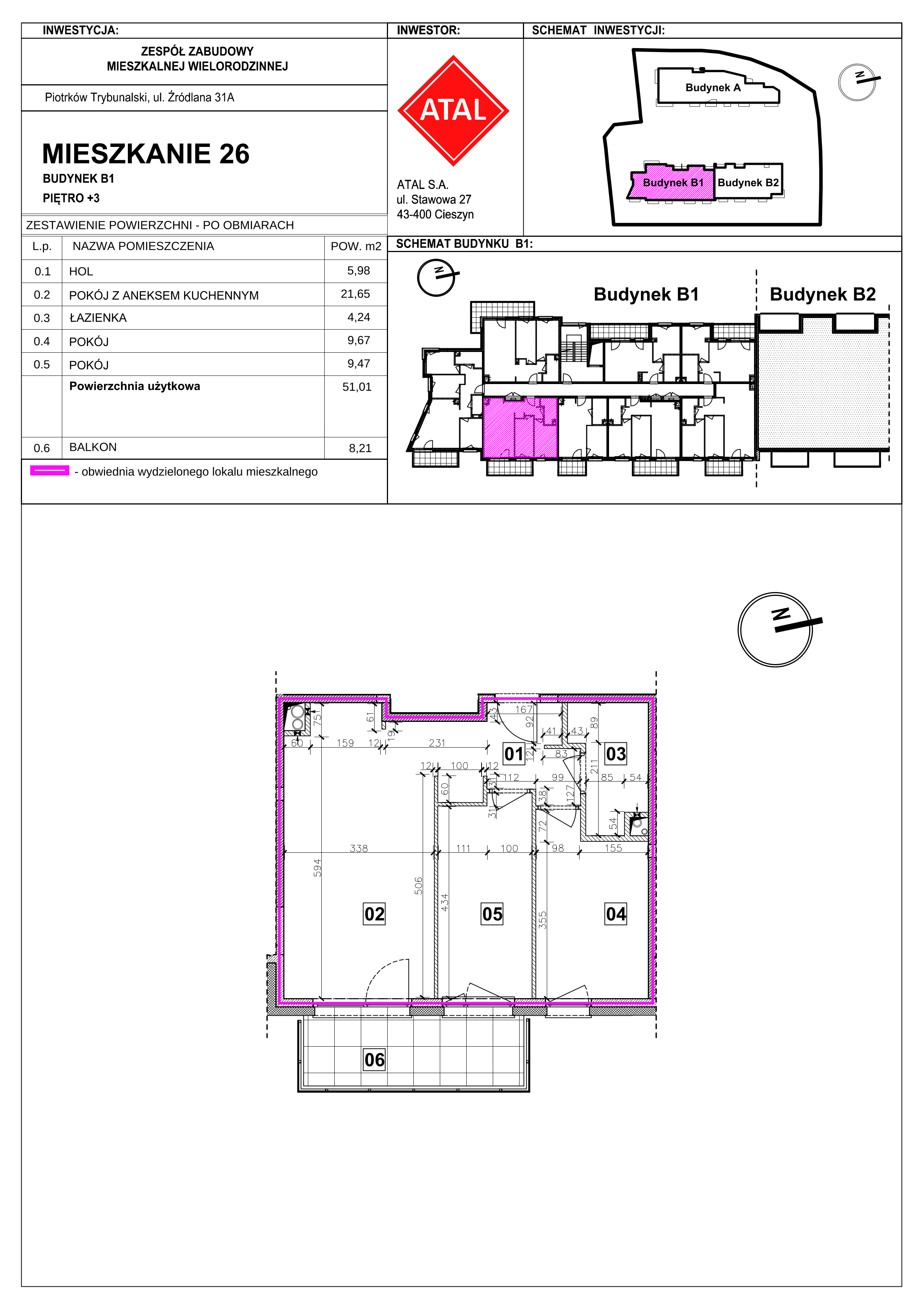 Mieszkanie 51,01 m², piętro 3, oferta nr B1-M-3-03, Źródlana 31 Residence, Piotrków Trybunalski, Źródlana, ul. Źródlana 31-idx