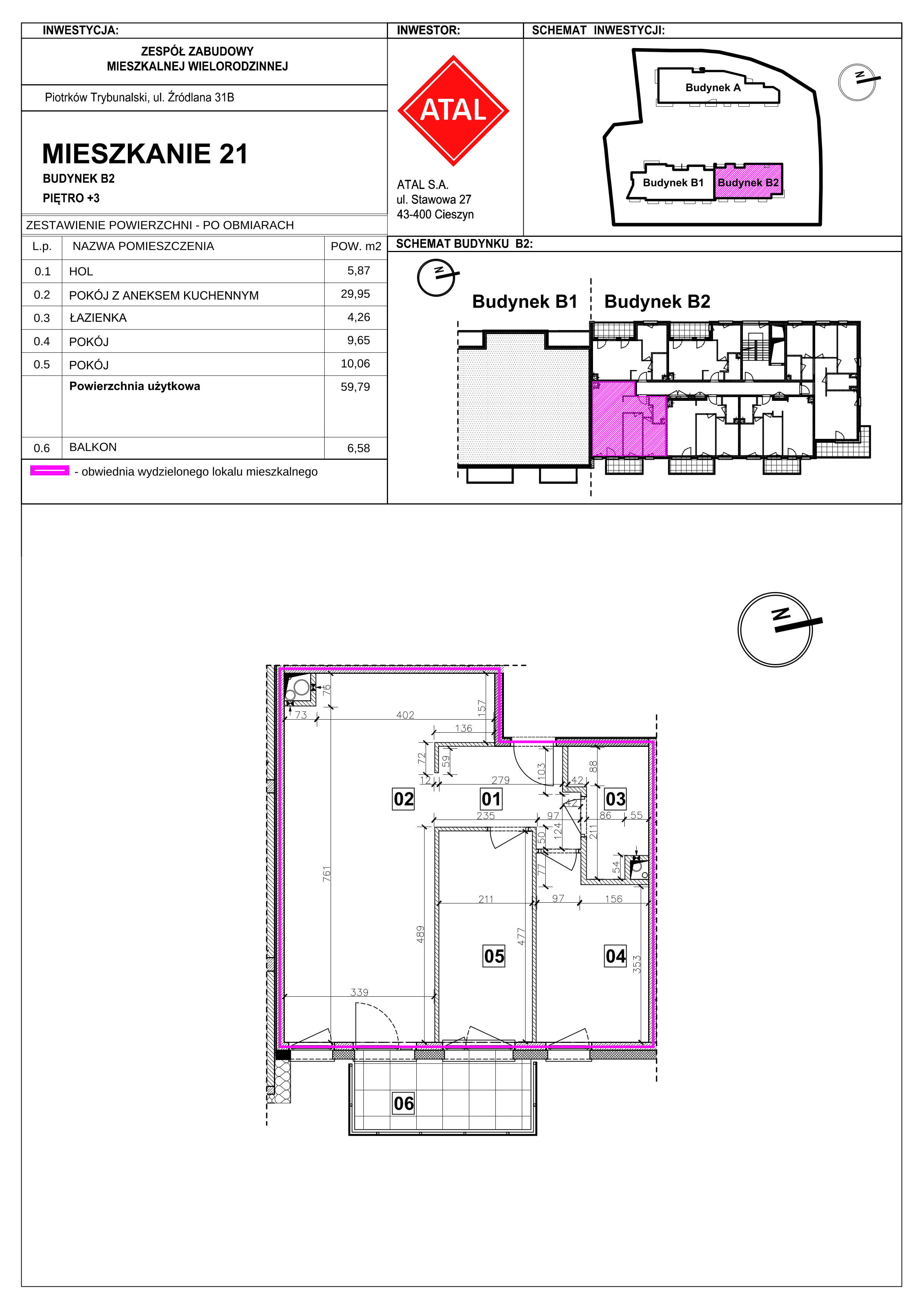 Mieszkanie 59,79 m², piętro 3, oferta nr B2-M-3-03, Źródlana 31 Residence, Piotrków Trybunalski, Źródlana, ul. Źródlana 31-idx