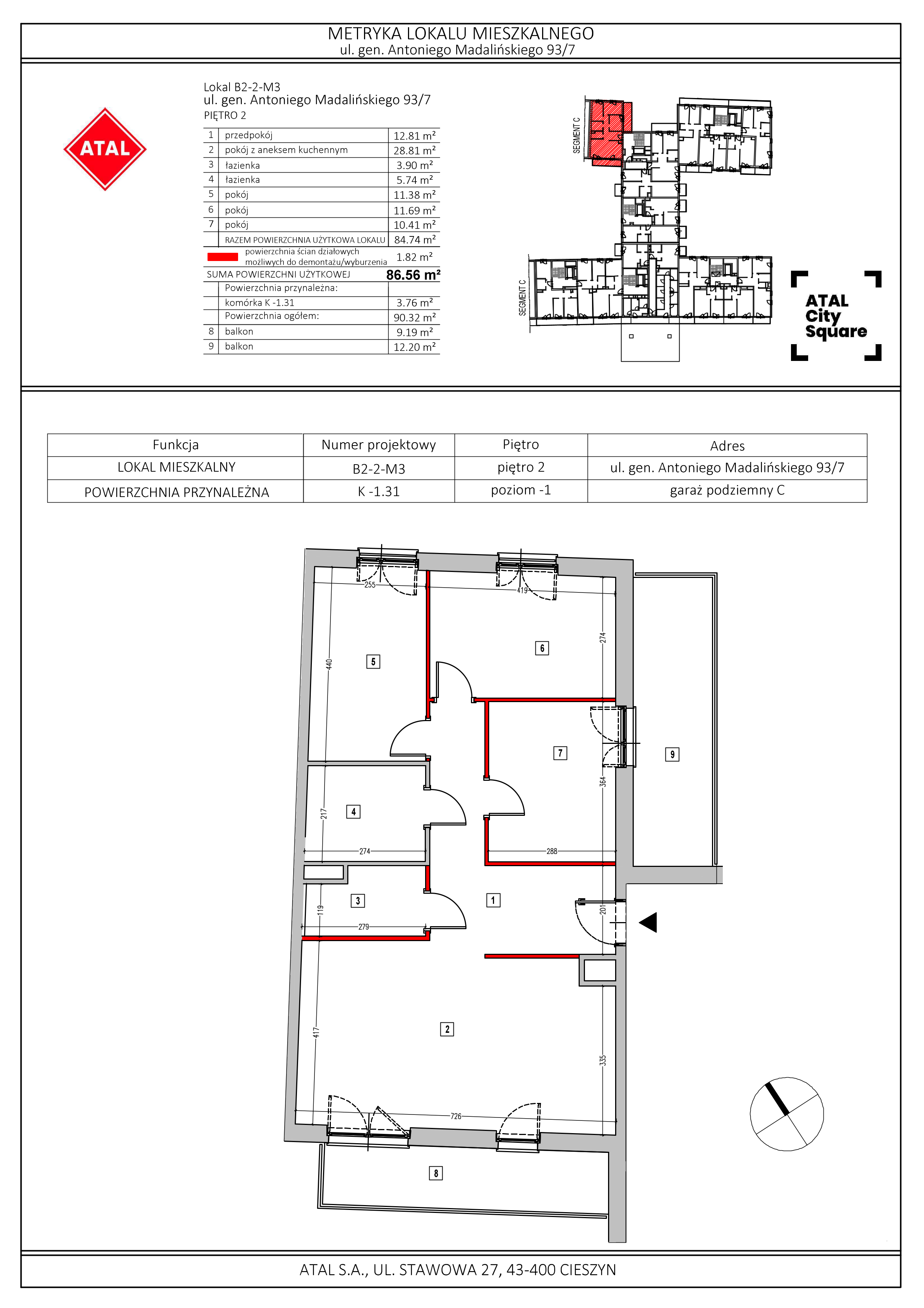 Apartament 86,56 m², piętro 2, oferta nr B2-2-M3, ATAL City Square, Wrocław, Przedmieście Oławskie, Krzyki, ul. gen. Kazimierza Pułaskiego-idx