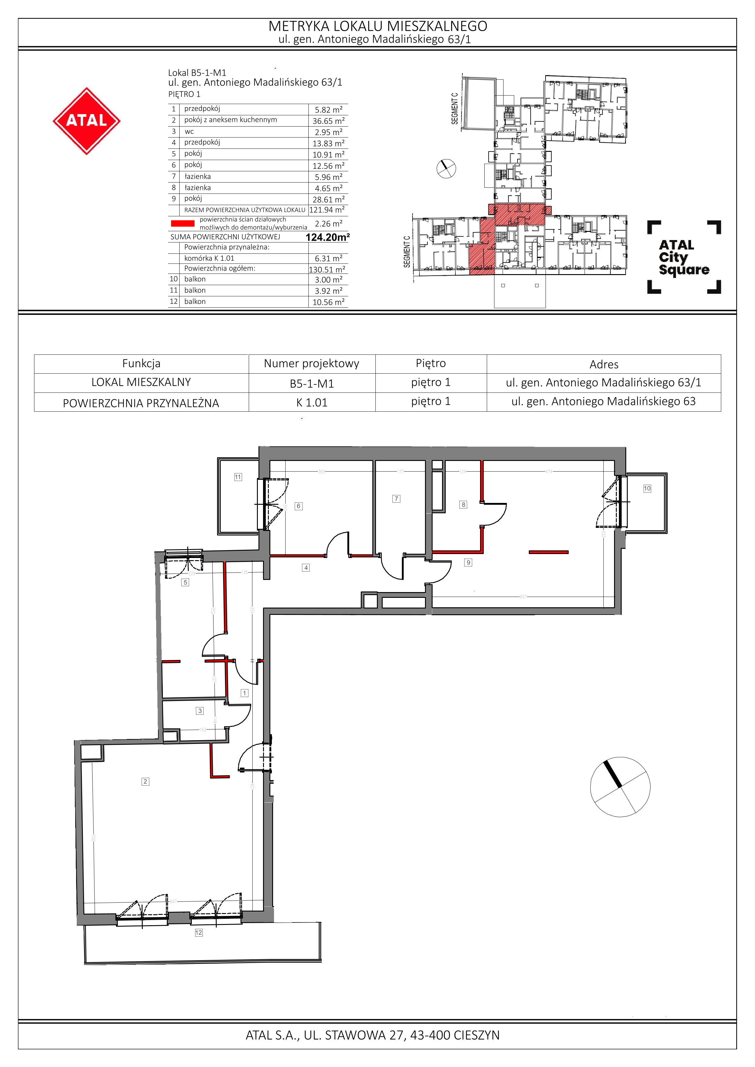 Apartament 124,20 m², piętro 1, oferta nr B5-1-M1, ATAL City Square, Wrocław, Przedmieście Oławskie, Krzyki, ul. gen. Kazimierza Pułaskiego-idx