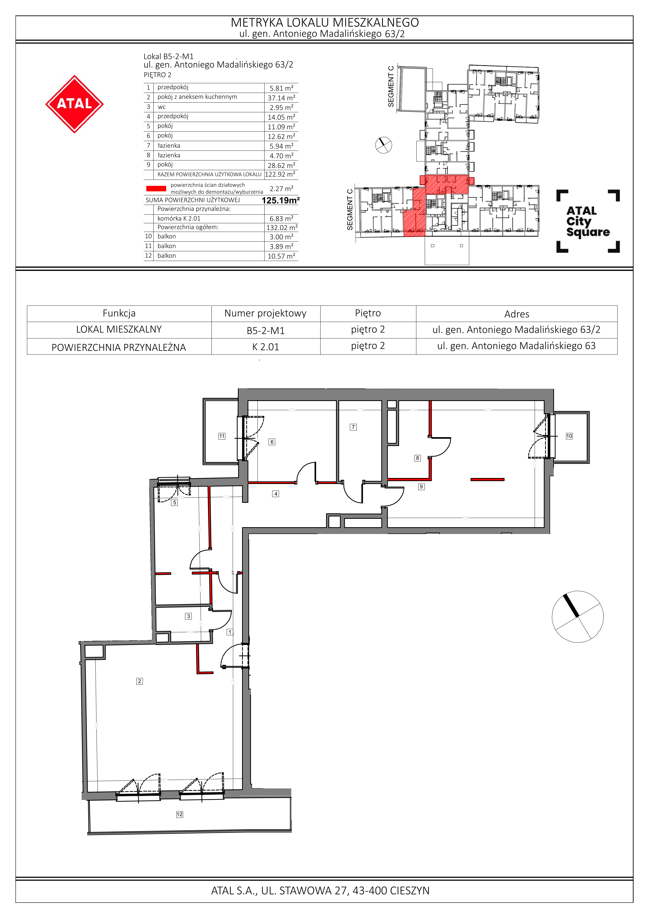 Mieszkanie 125,19 m², piętro 2, oferta nr B5-2-M1, ATAL City Square, Wrocław, Przedmieście Oławskie, Krzyki, ul. gen. Kazimierza Pułaskiego-idx