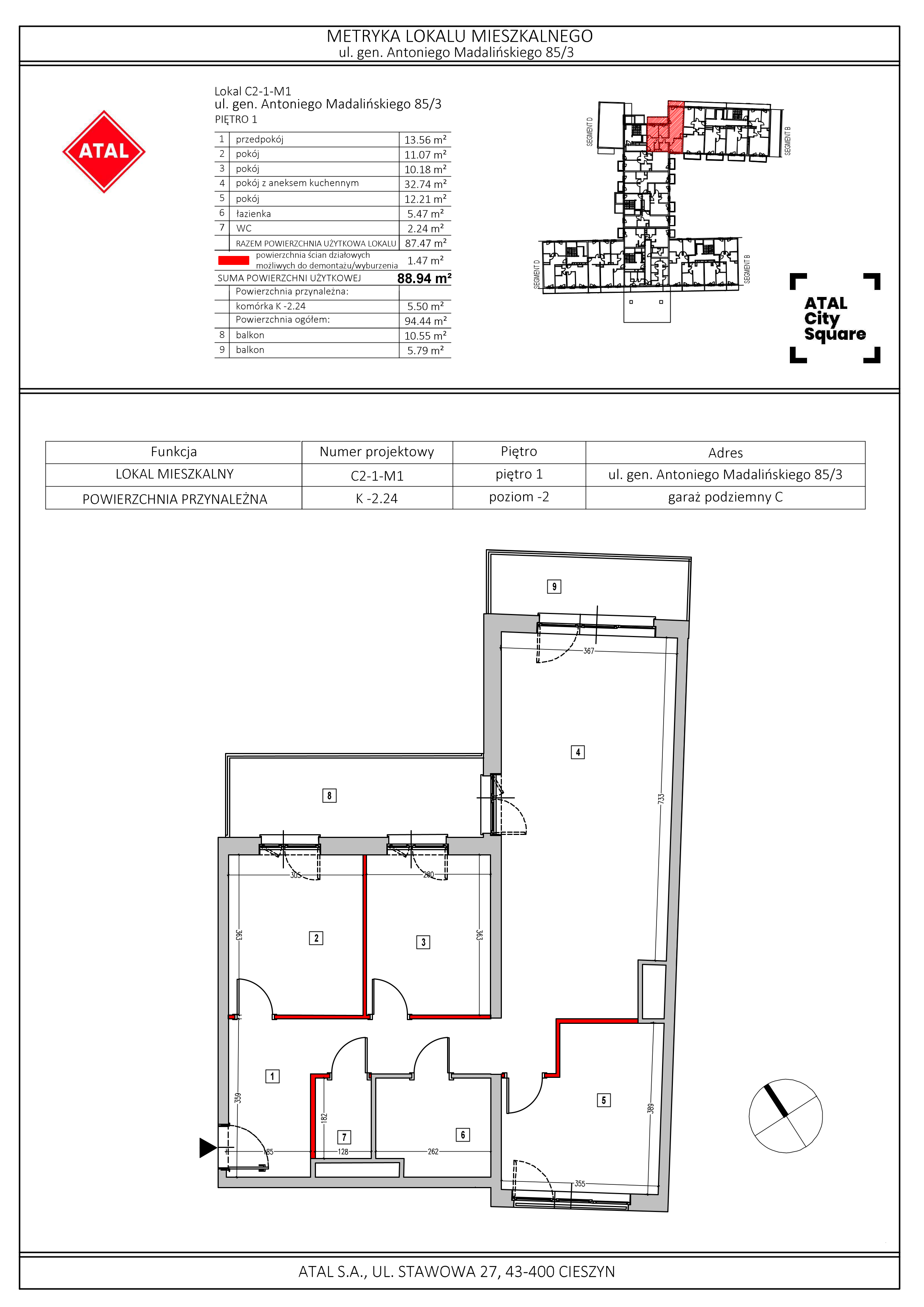 Apartament 88,94 m², piętro 1, oferta nr C2-1-M1, ATAL City Square, Wrocław, Przedmieście Oławskie, Krzyki, ul. gen. Kazimierza Pułaskiego-idx