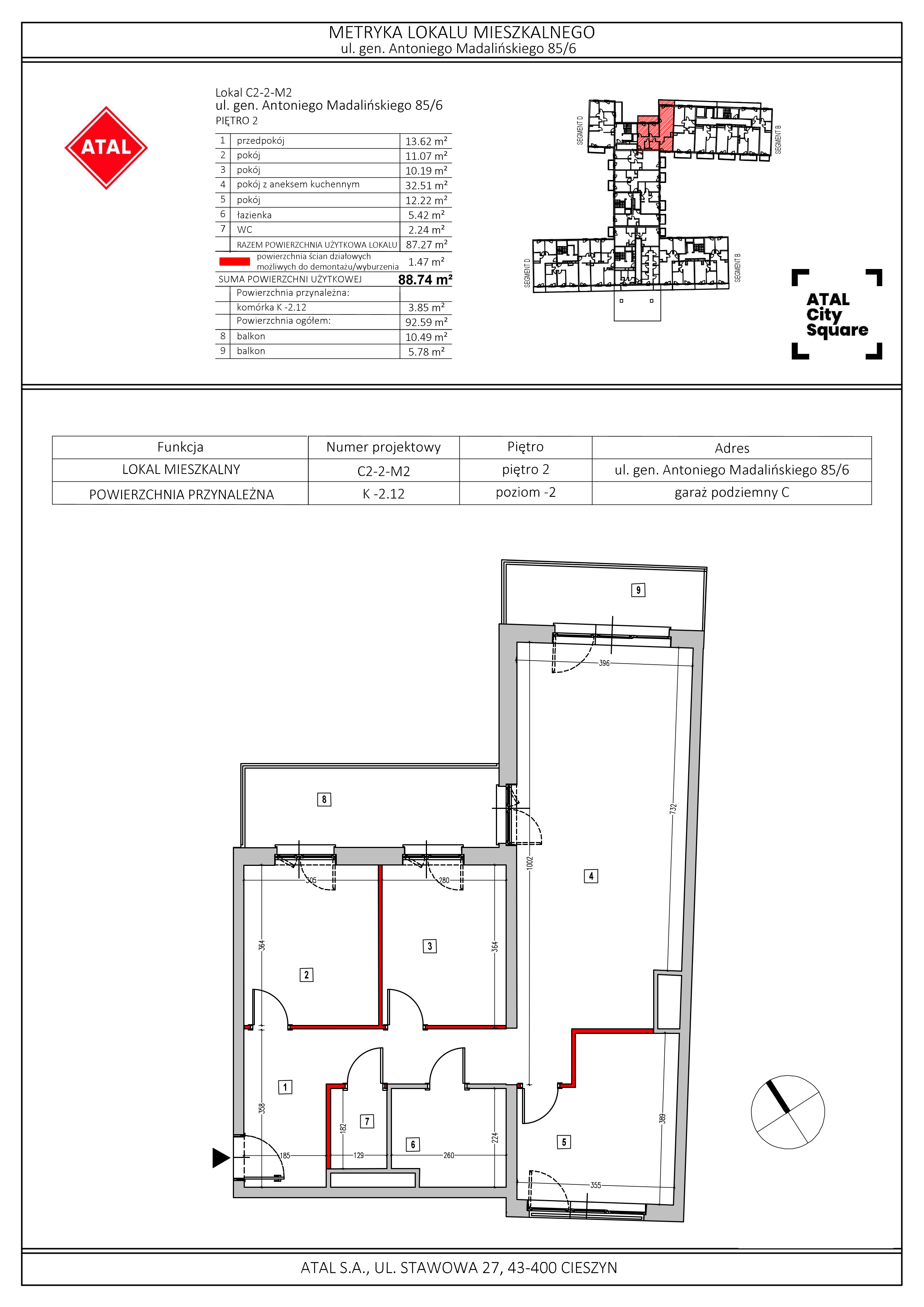 Apartament 88,74 m², piętro 2, oferta nr C2-2-M2, ATAL City Square, Wrocław, Przedmieście Oławskie, Krzyki, ul. gen. Kazimierza Pułaskiego-idx