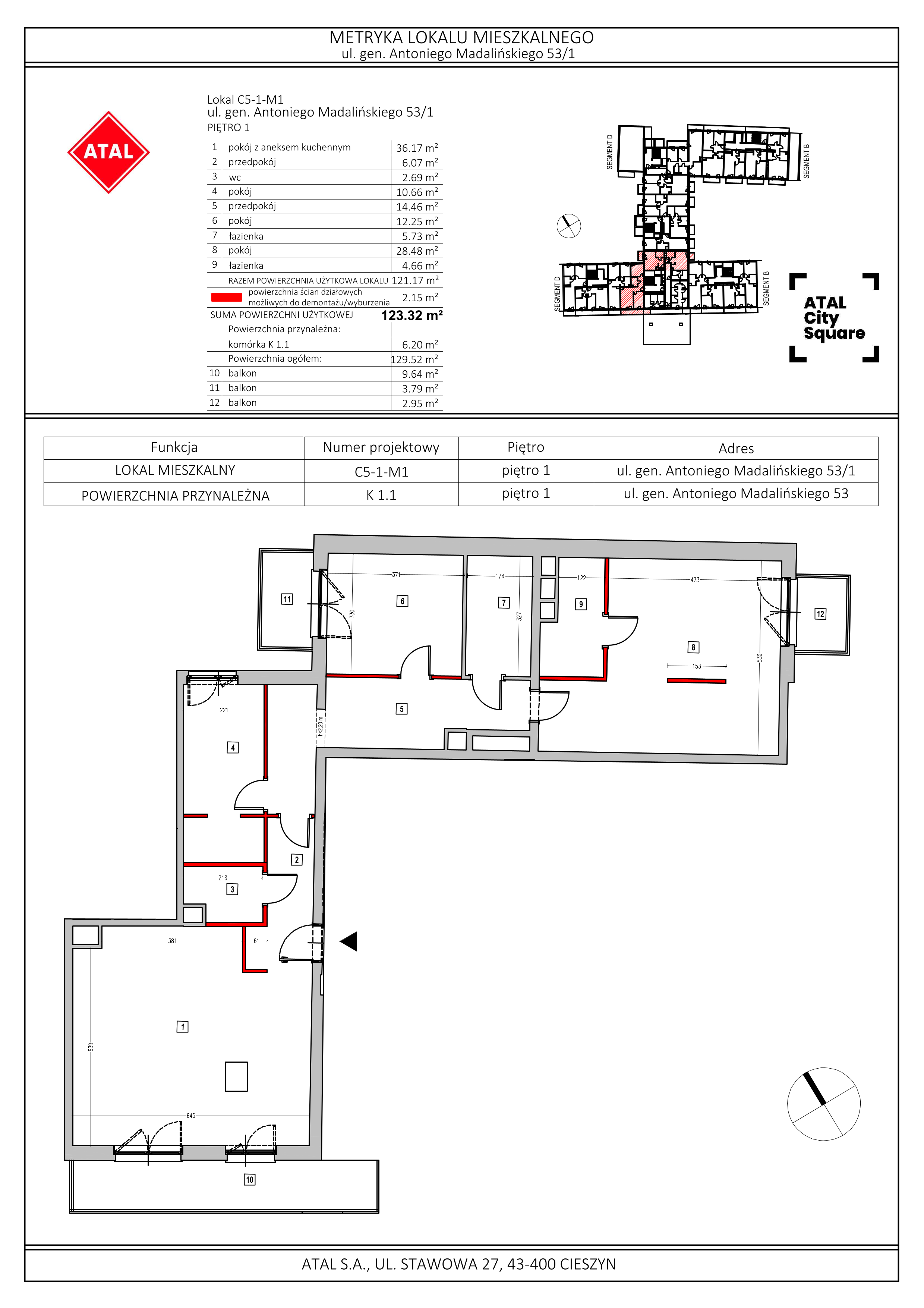 Apartament 123,32 m², piętro 1, oferta nr C5-1-M1, ATAL City Square, Wrocław, Przedmieście Oławskie, Krzyki, ul. gen. Kazimierza Pułaskiego-idx